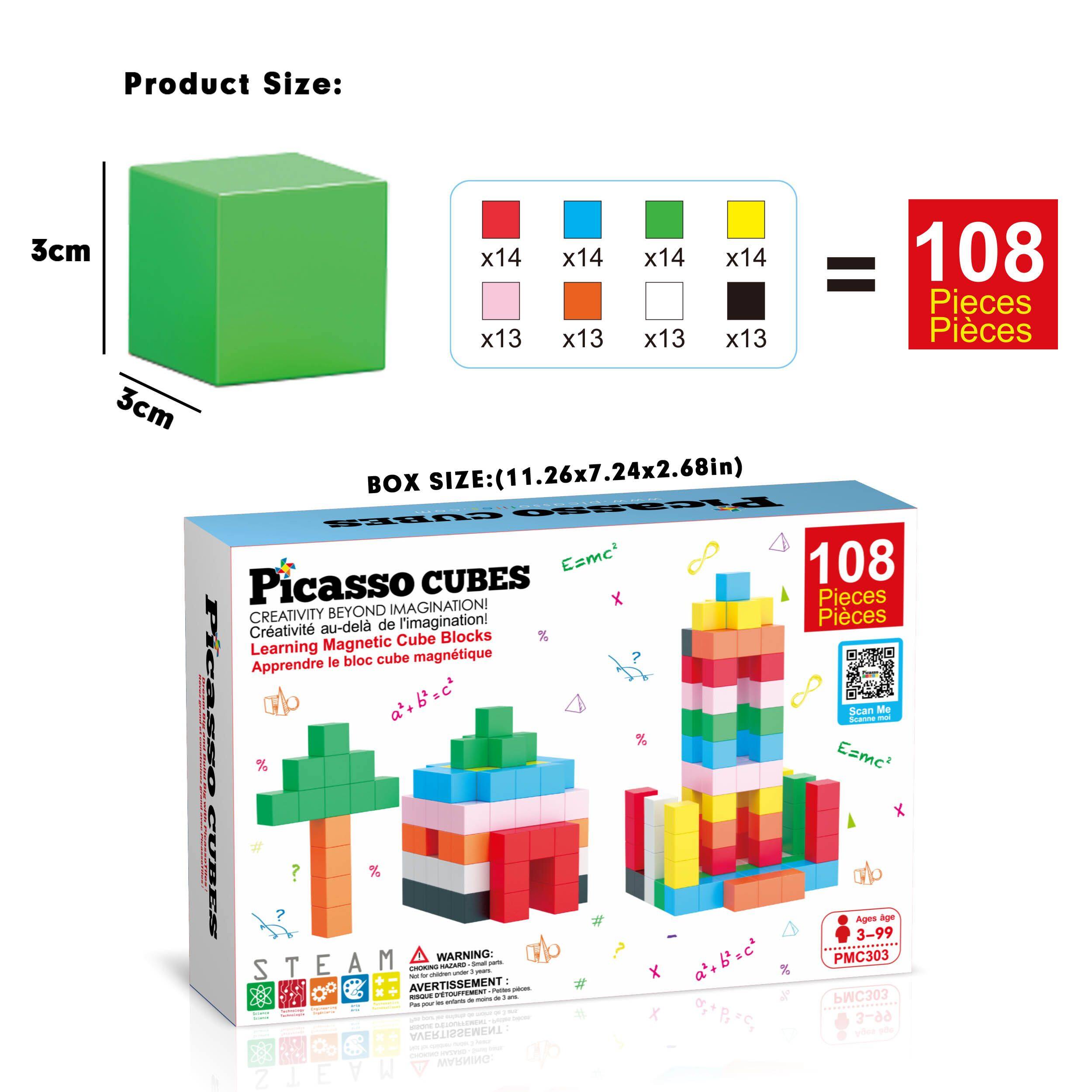Product Size: 3cm x14 x14 x14 x14 108 = Pieces x13 x13 x13 x13 Pieces 3cm BOX SIZE: (11.26x7.24x2.68in) CUBES Pieces TO E=mc' 108 Picasso CUBES IMAGINATION! x Pieces CREATIVITY BEYOND Pieces Crativit au-delà de l'imagination! pic Cube Blocks % Learning Magnetic Apprendre le bloc cube magnétique ? S C p a'+b=c  Scan Me CaSSO fnanna - | % E=mc CUREA ? ? % Ages age 3-99 ............... M WARNING: B PMC303 STEAM  - -  i % - - . - AVERTISSEMENT I - - PUTEMENT PMC303 - - - - - - - . 66- - - AVERTISSEMENT  I