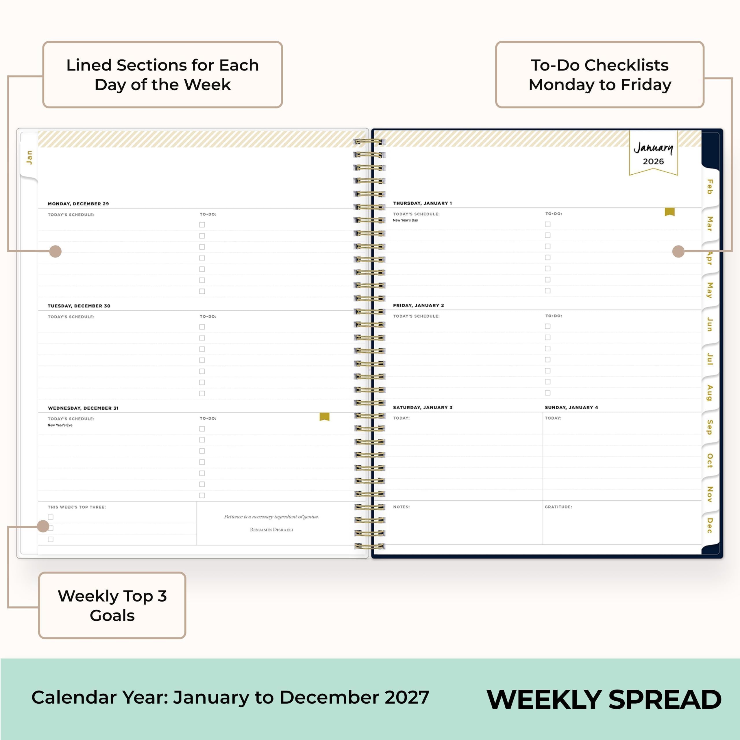 Lined Sections for Each Day of the Week

To-Do Checklists Monday to Friday

MONDAY, DECEMBER 29  
TODAY'S SCHEDULE:  
TO-DO:  
☐  
☐  
☐  
☐  

TUESDAY, DECEMBER 30  
TODAY'S SCHEDULE:  
TO-DO:  
☐  
☐  
☐  
☐  

WEDNESDAY, DECEMBER 31  
TODAY'S SCHEDULE:  
TO-DO:  
☐  
☐  
☐  
☐  

THURSDAY, JANUARY 1  
TODAY'S SCHEDULE:  
TO-DO:  
☐  
☐  
☐  
☐  

FRIDAY, JANUARY 2  
TODAY'S SCHEDULE:  
TO-DO:  
☐  
☐  
☐  
☐  

SATURDAY, JANUARY 3  
TODAY'S SCHEDULE:  
TO-DO:  
☐  
☐  
☐  
☐  

SUNDAY, JANUARY 4  
TODAY'S SCHEDULE:  
TO-DO:  
☐  
☐  
☐  
☐  

THIS WEEK'S TOP 3 GOALS:  
☐  
☐  
☐  

