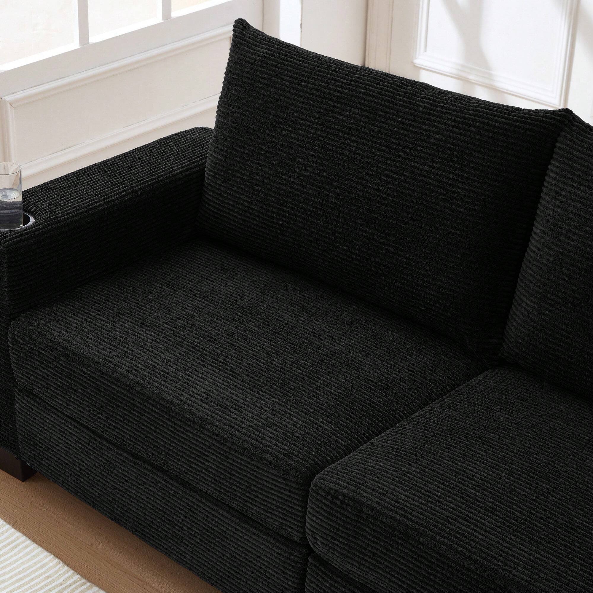 Left. Trinkets Crazed - 78" Corduroy Loveseat Sofa Couch, Comfy Couches For Living Room, Modern Sofa With Cup Holders - Black.