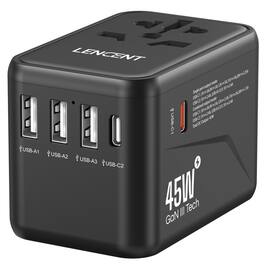 LENCENT - GanIII Universal Travel Adapter PD45W Fast Charger with 3 USB + 2 Type C - Black