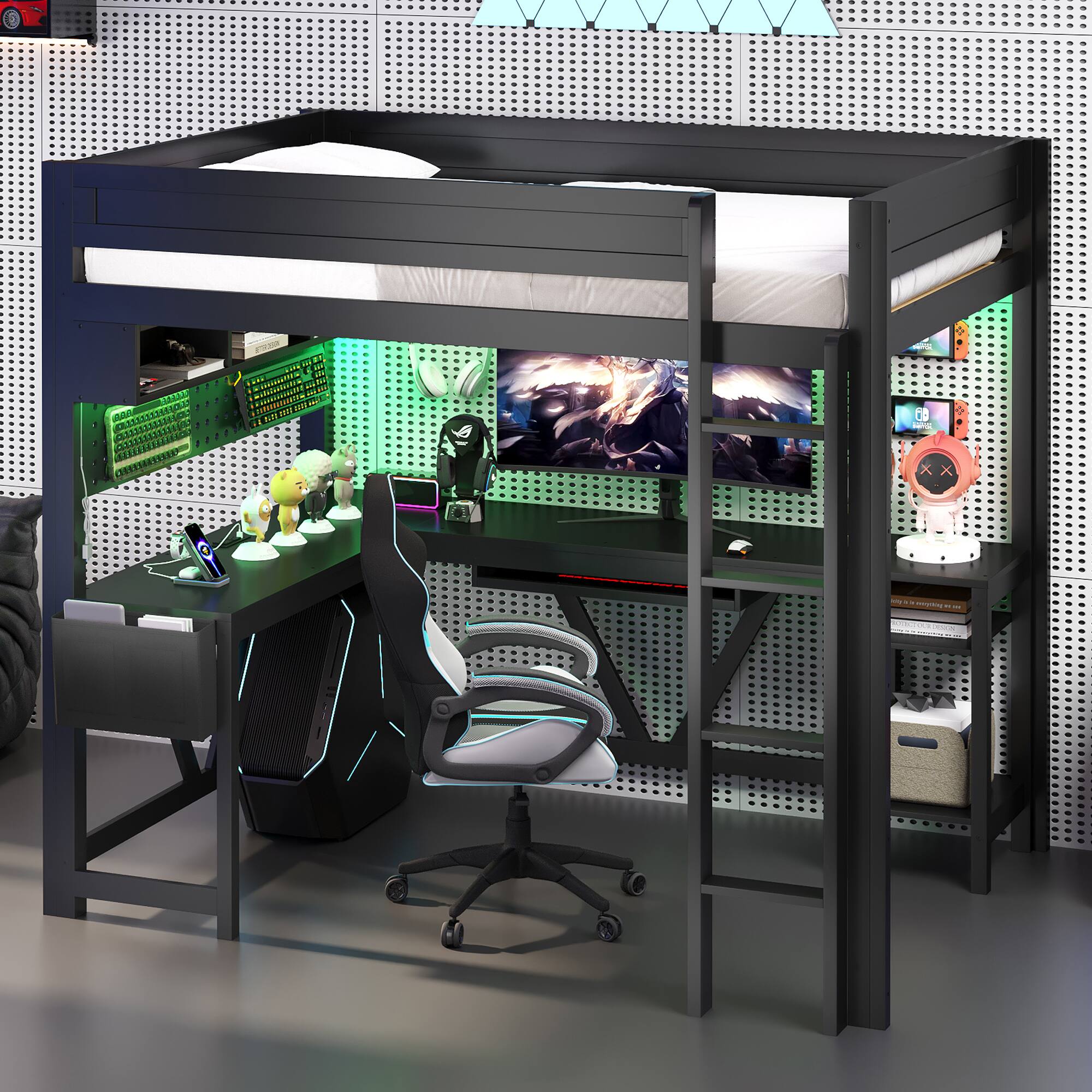 Left. Anysun - Anysun Wood Full Size Gaming Loft Bed with LED and Charging Station, Assembly Required - Black.