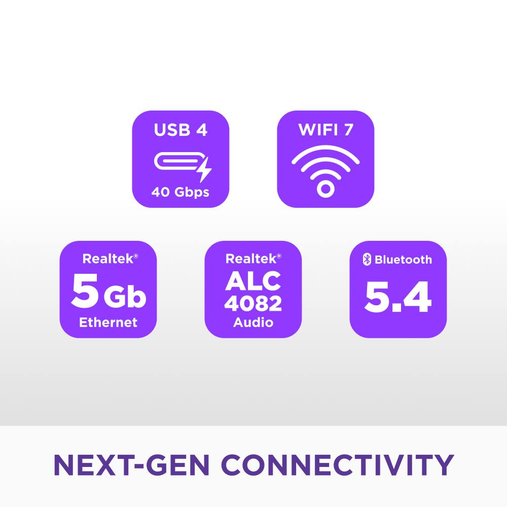 Next-Gen Connectivity: USB 4.0, WiFi 7, 40 Gbps Ethernet, Realtek* ALC 4082 Audio, Bluetooth 5.4