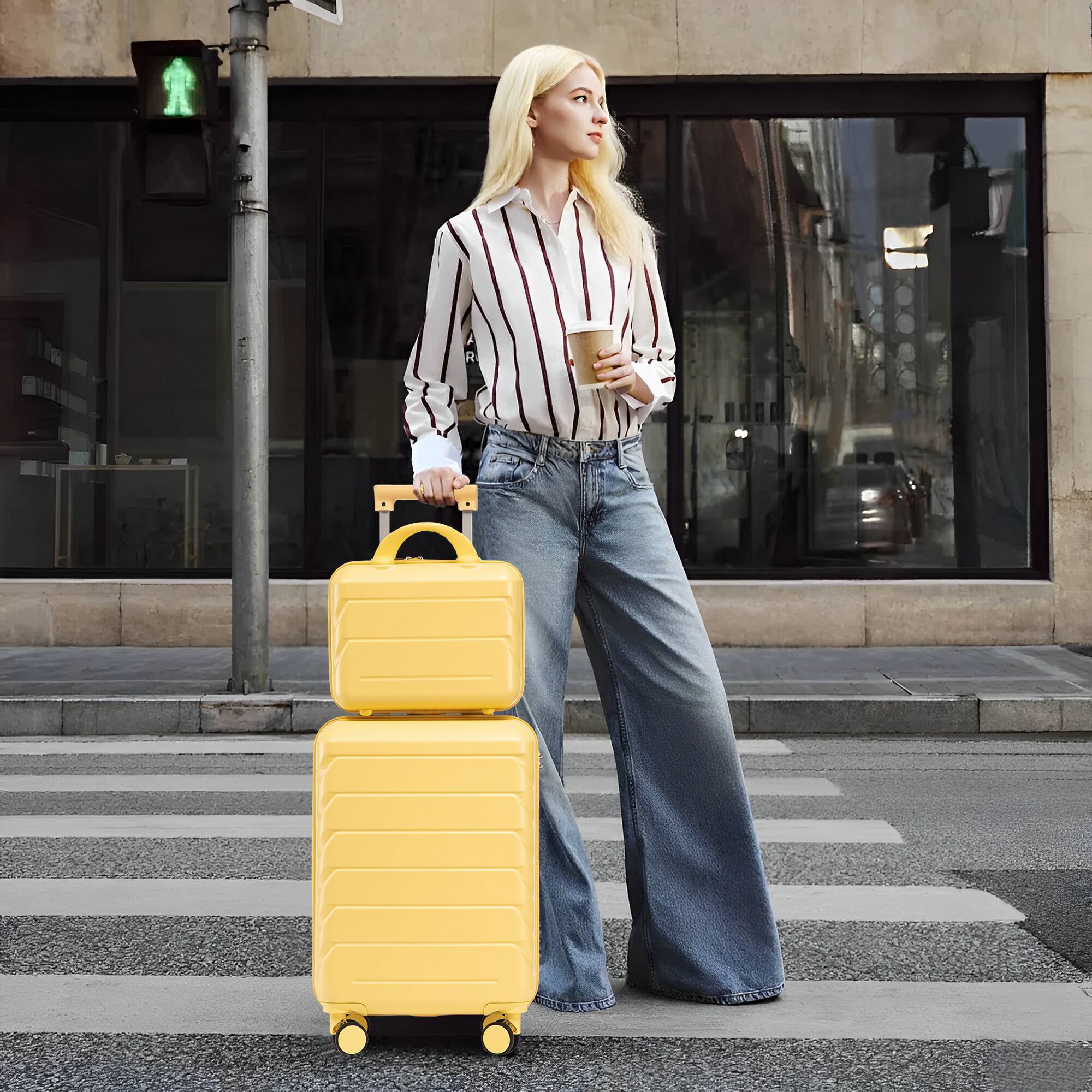 Alt View 1. Ecooso - 2 Piece Luggage Set Hardshell ABS Spinner Suitcase with Combination Lock and Cosmetic Case - Yellow.