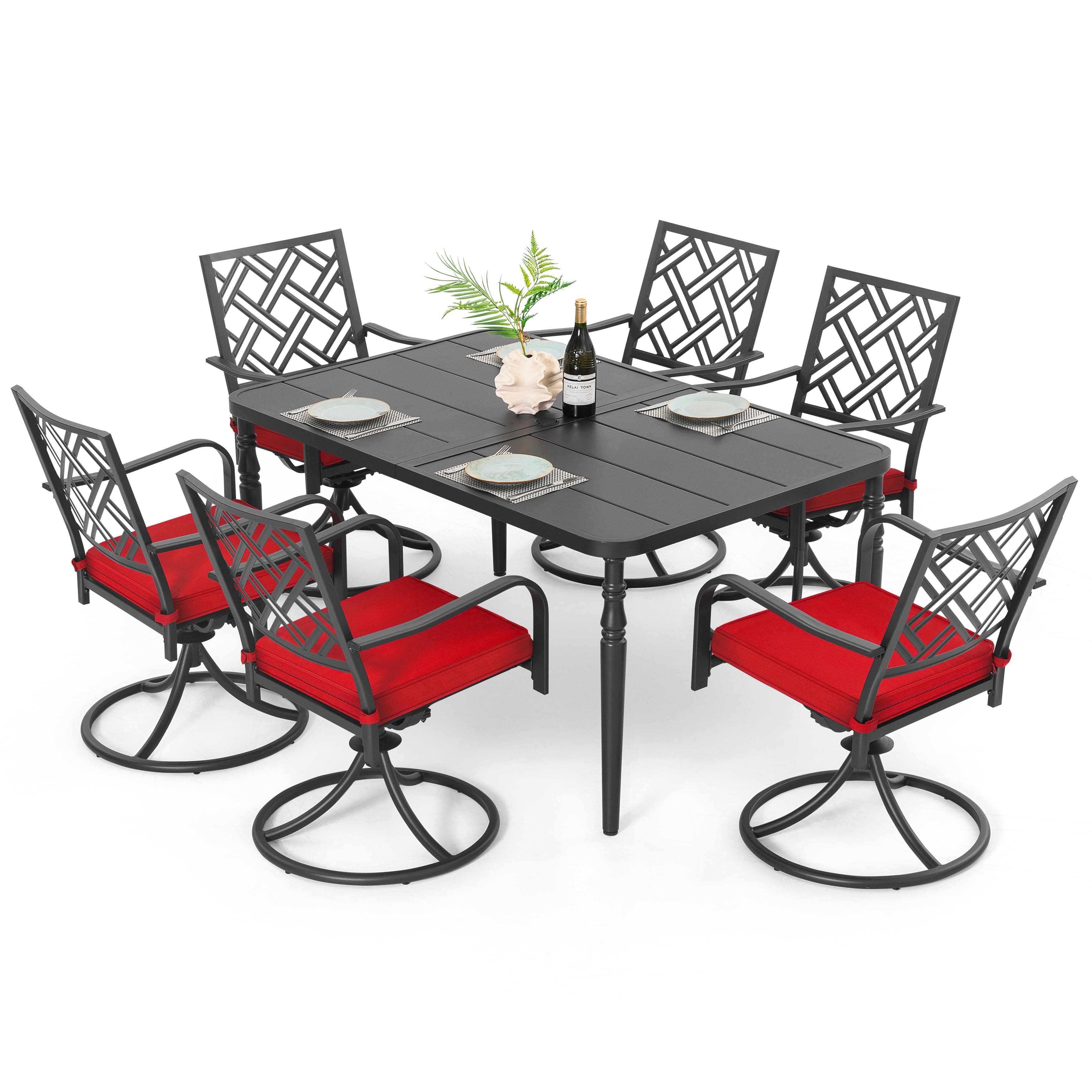 Nuu Garden - 7PCS Metal Patio Dining Set with Umbrella Hole, Swivel Chairs with Cushions - Black and Red