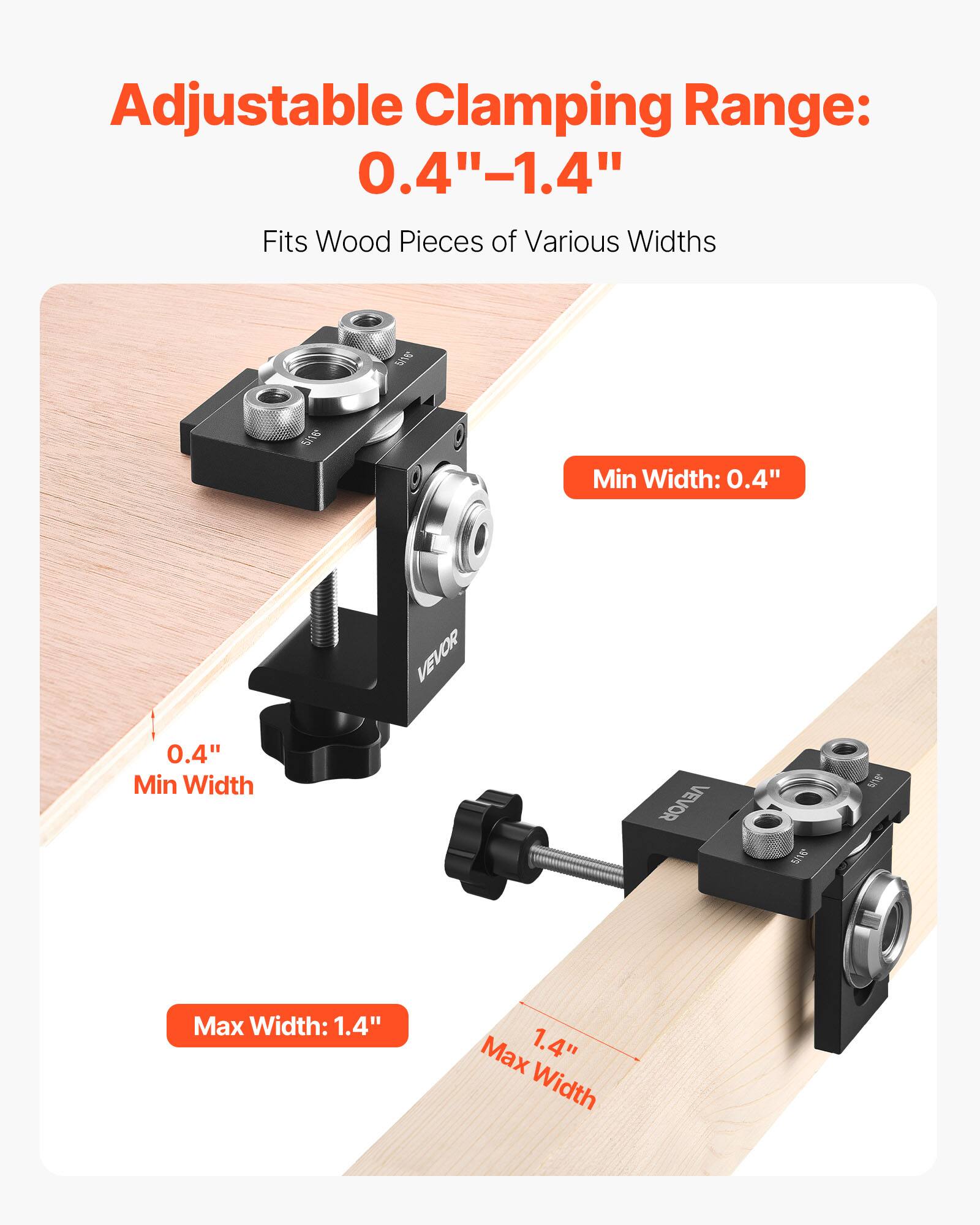 Adjustable Clamping Range: 0.4"–1.4"  
Fits Wood Pieces of Various Widths  

Min Width: 0.4"  
Max Width: 1.4"