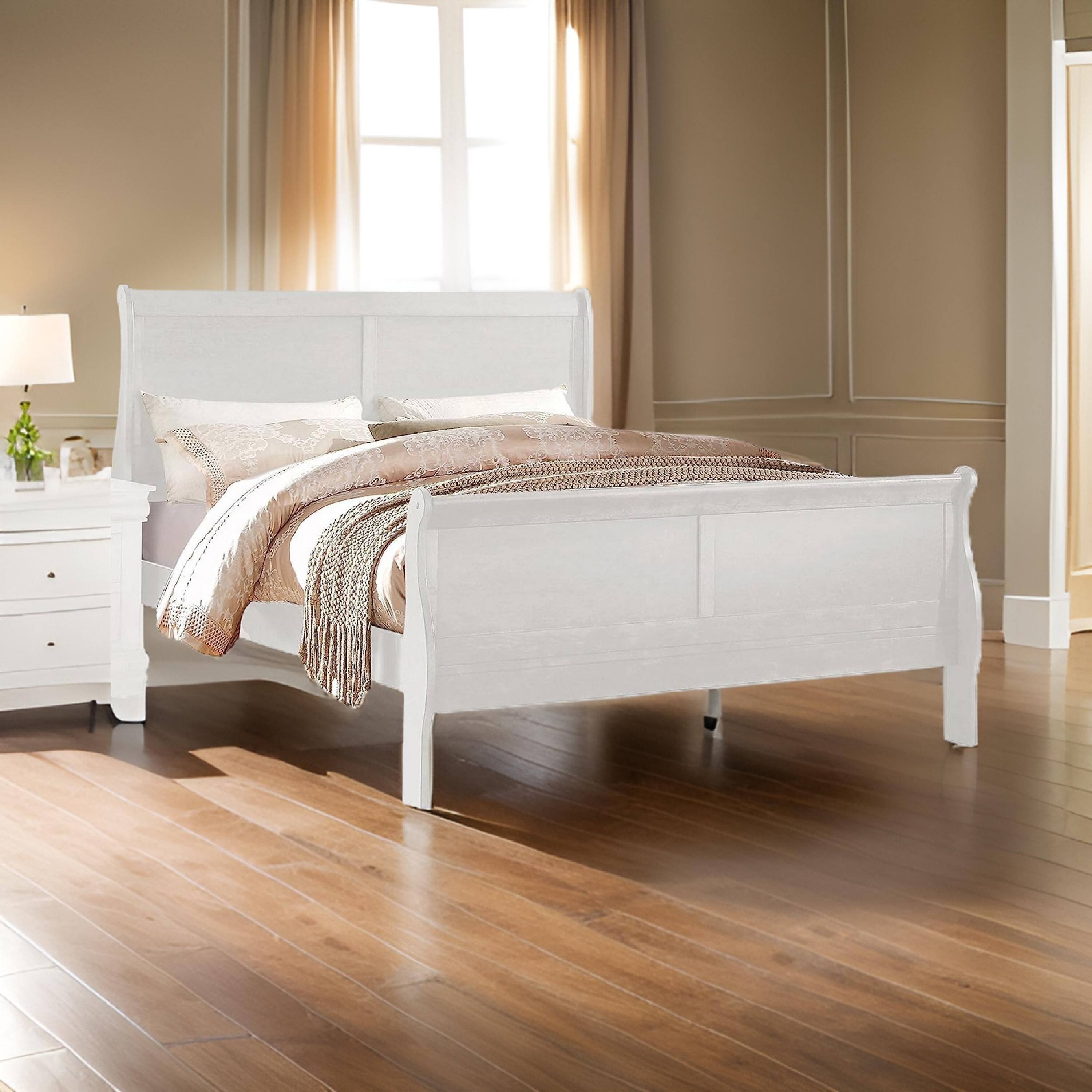 Alt View 5. Manhattan Lane - Nin King Size Sleigh Bed, Minimalist Style Headboard, Classic White Wood - White.