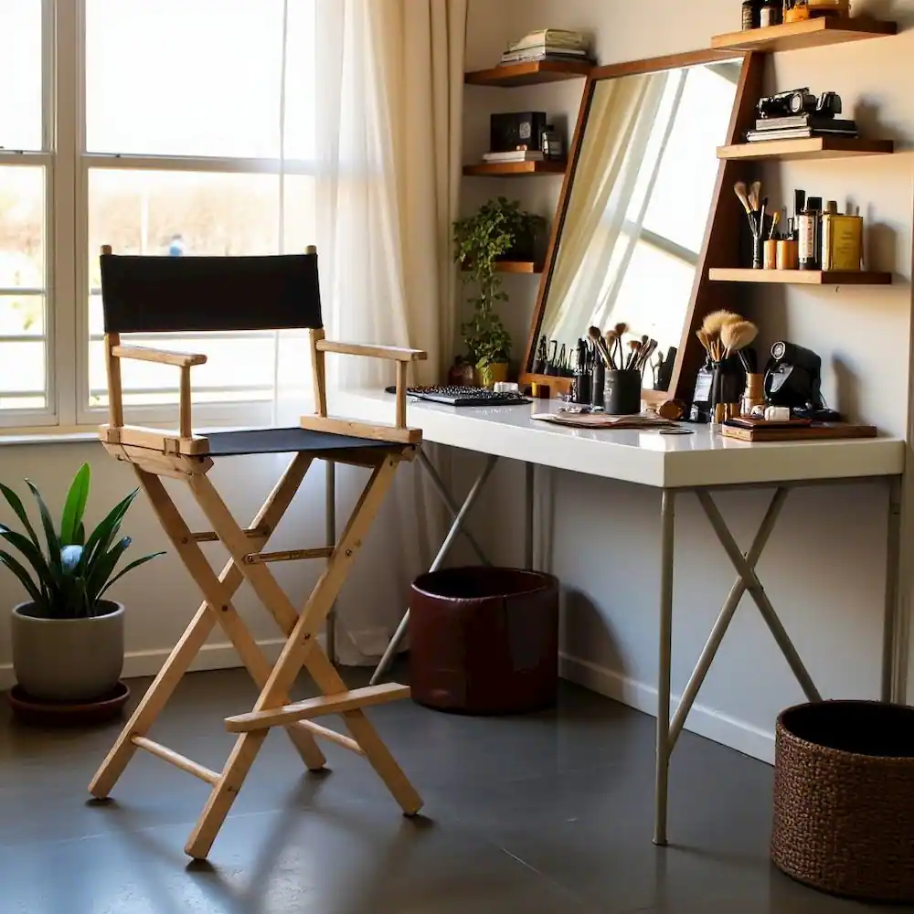 Alt View 4. FurniFact - Foldable Director Chair with Natural Wood Frame and Black Canvas - Natural Frame/Black Canvas.