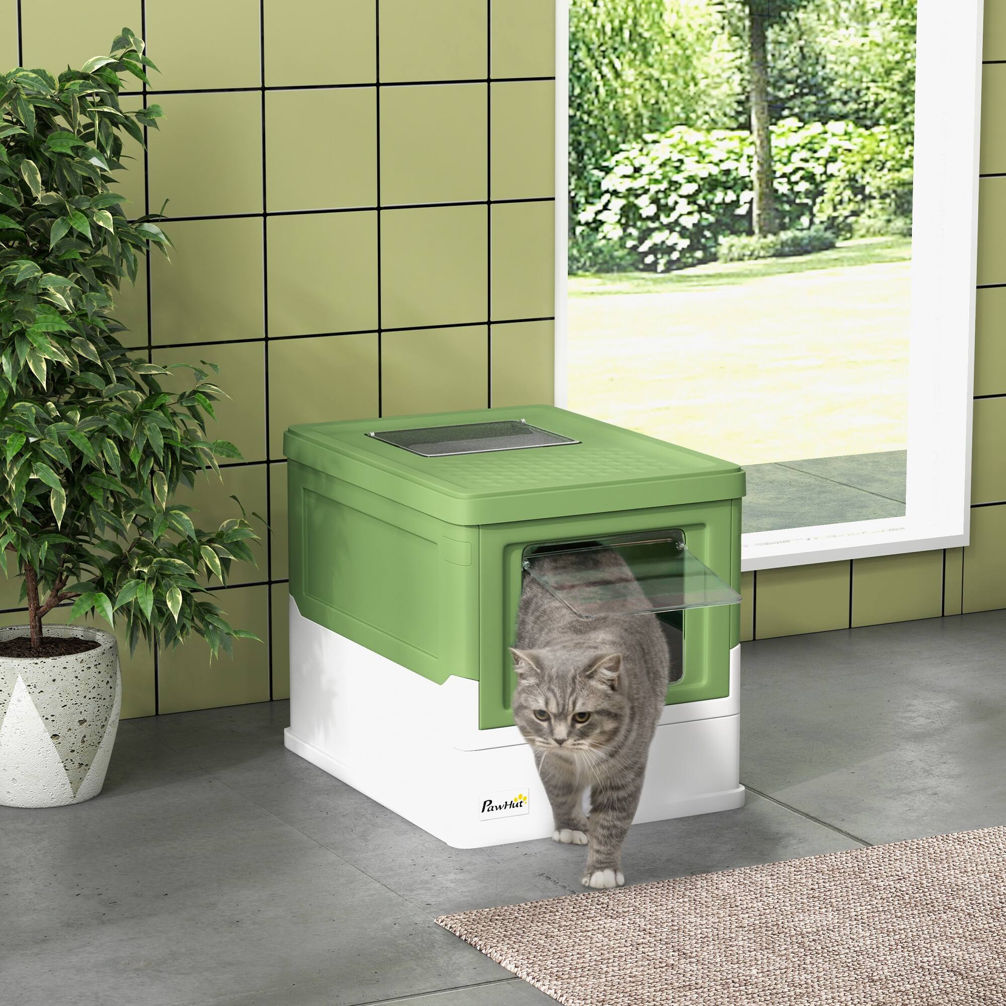 Angle. Pawhut - Cat Litter Box with Scoop, Drawer Type Tray, Foldable Smell Proof Cat Potty with Front Entry, Top Exit - Yellowish Green.