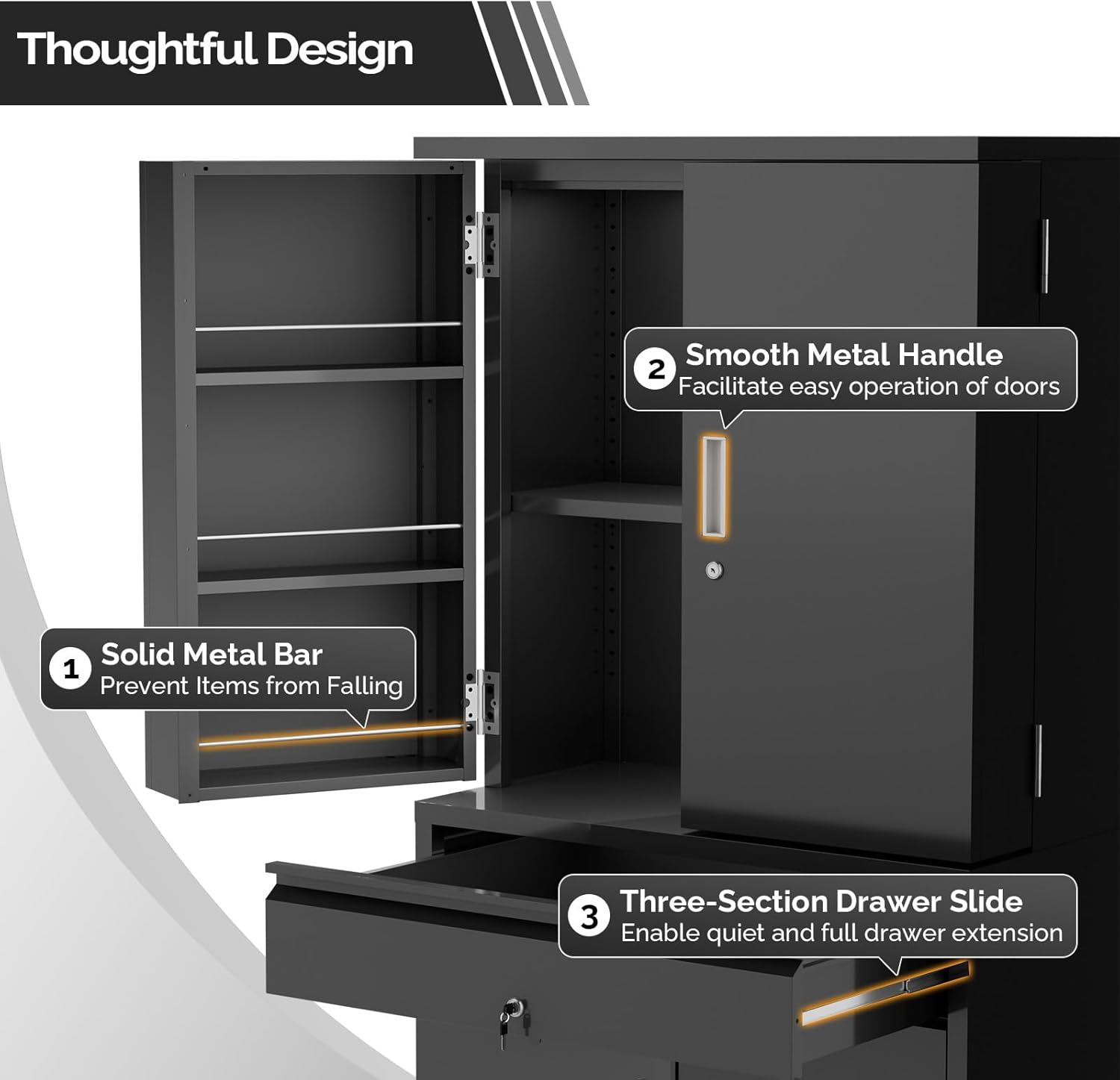 Thoughtful Design

1. Solid Metal Bar  
   Prevent Items from Falling

2. Smooth Metal Handle  
   Facilitate easy operation of doors

3. Three-Section Drawer Slide  
   Enable quiet and full drawer extension