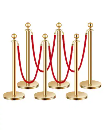 Front. VEVOR - Stanchions and Velvet Ropes 6Pcs, Hollow Base with Stainless Steel Post, 4 Red Velvet Ropes and Posts - Gold red velvet.