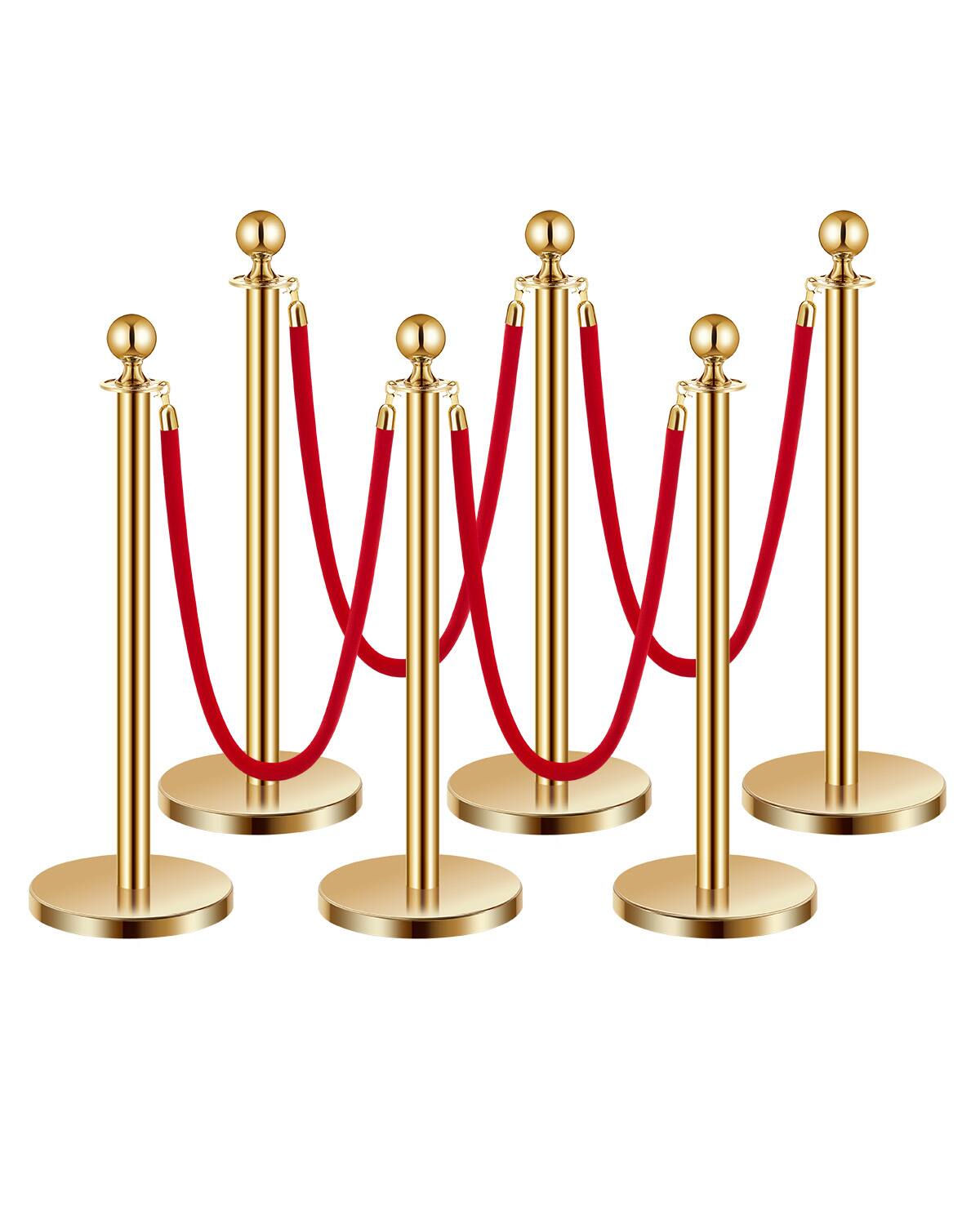 Front. VEVOR - Stanchions and Velvet Ropes 6Pcs, Hollow Base with Stainless Steel Post, 4 Red Velvet Ropes and Posts - Gold red velvet.