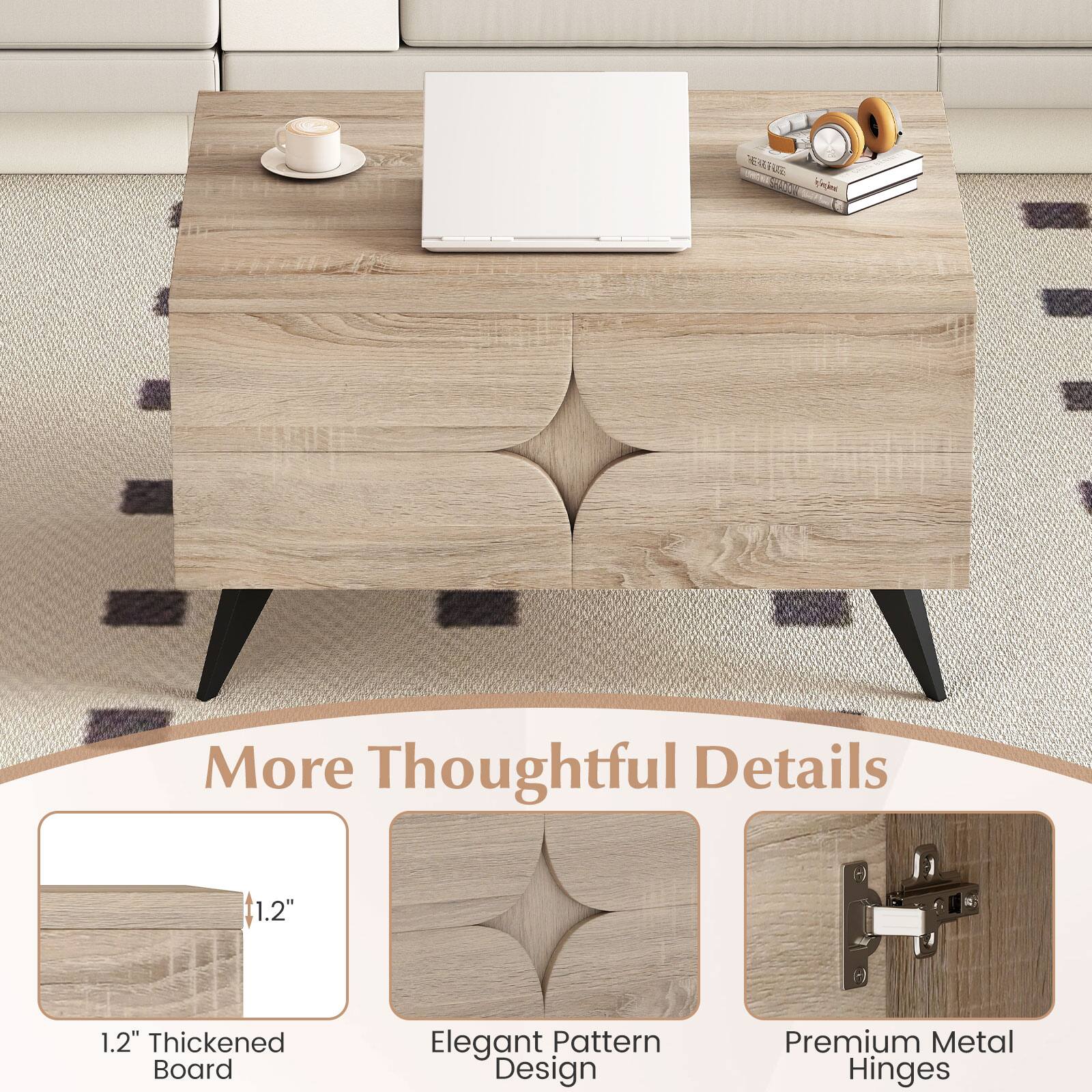 1. More Thoughtful Details  
   - 1.2" Thickened Board  
   - Elegant Pattern Design  
   - Premium Metal Hinges