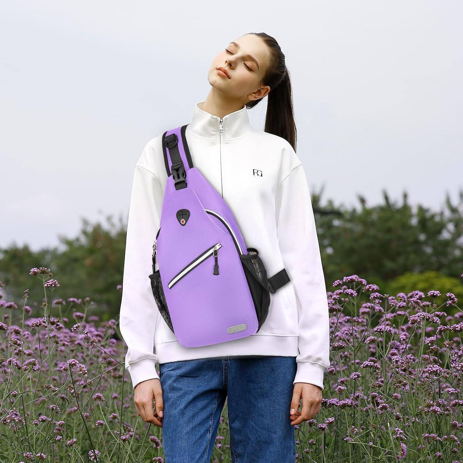 Alt View 3. mosiso - Sling Backpack Multipurpose Crossbody Shoulder Bag Travel Hiking Daypack - Light Purple.