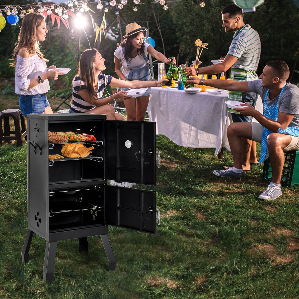 Alt View 12. Costway - Vertical Charcoal Smoker BBQ Barbecue Grill w/ Temperature Gauge Outdoor Black - Black.