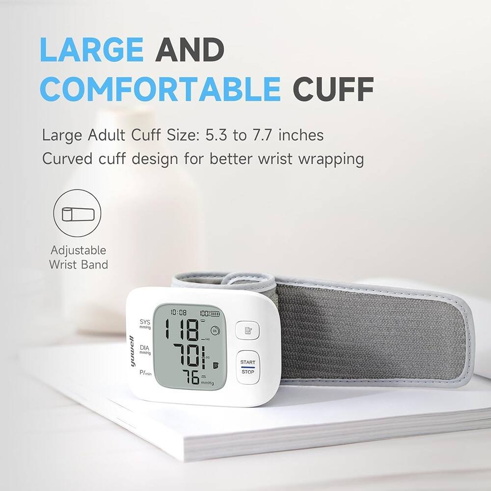 LARGE AND COMFORTABLE CUFF

Large Adult Cuff Size: 5.3 to 7.7 inches  
Curved cuff design for better wrist wrapping  
Adjustable Wrist Band  

SYS 118 mmHg  
DIA 70 mmHg  
P/Min 76  

START STOP