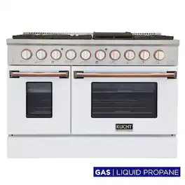 Kucht - 48 in. 6.7 cu. ft. Propane Gas Range with Sealed Burners and Two Ovens - One Convection in White with Rose Gold Accents - White & Rose Gold