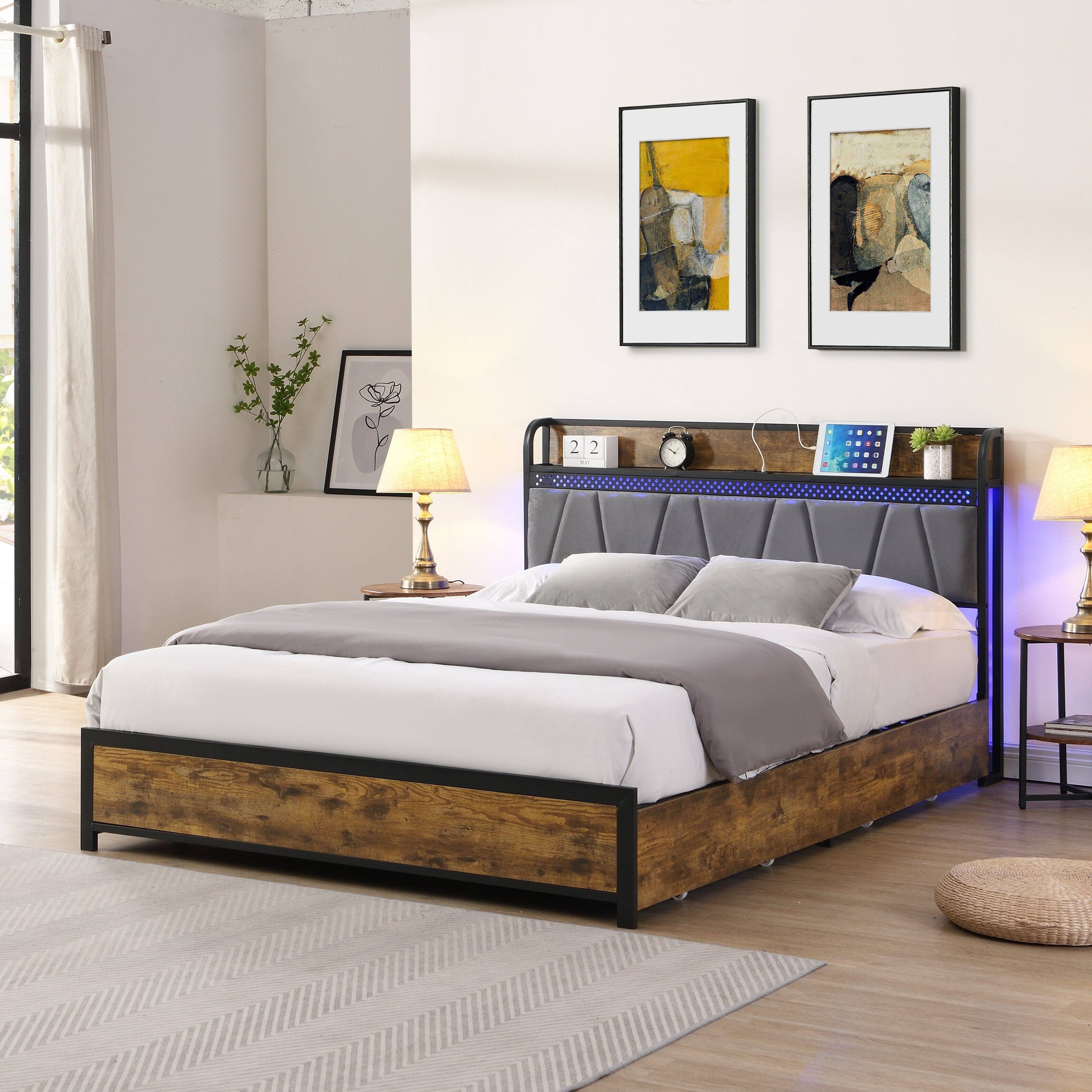 Left. LUCKY ONE - Queen Size Bed Frame with Charging Station,4 Storage Drawers and LED Lights - Brown+Grey.