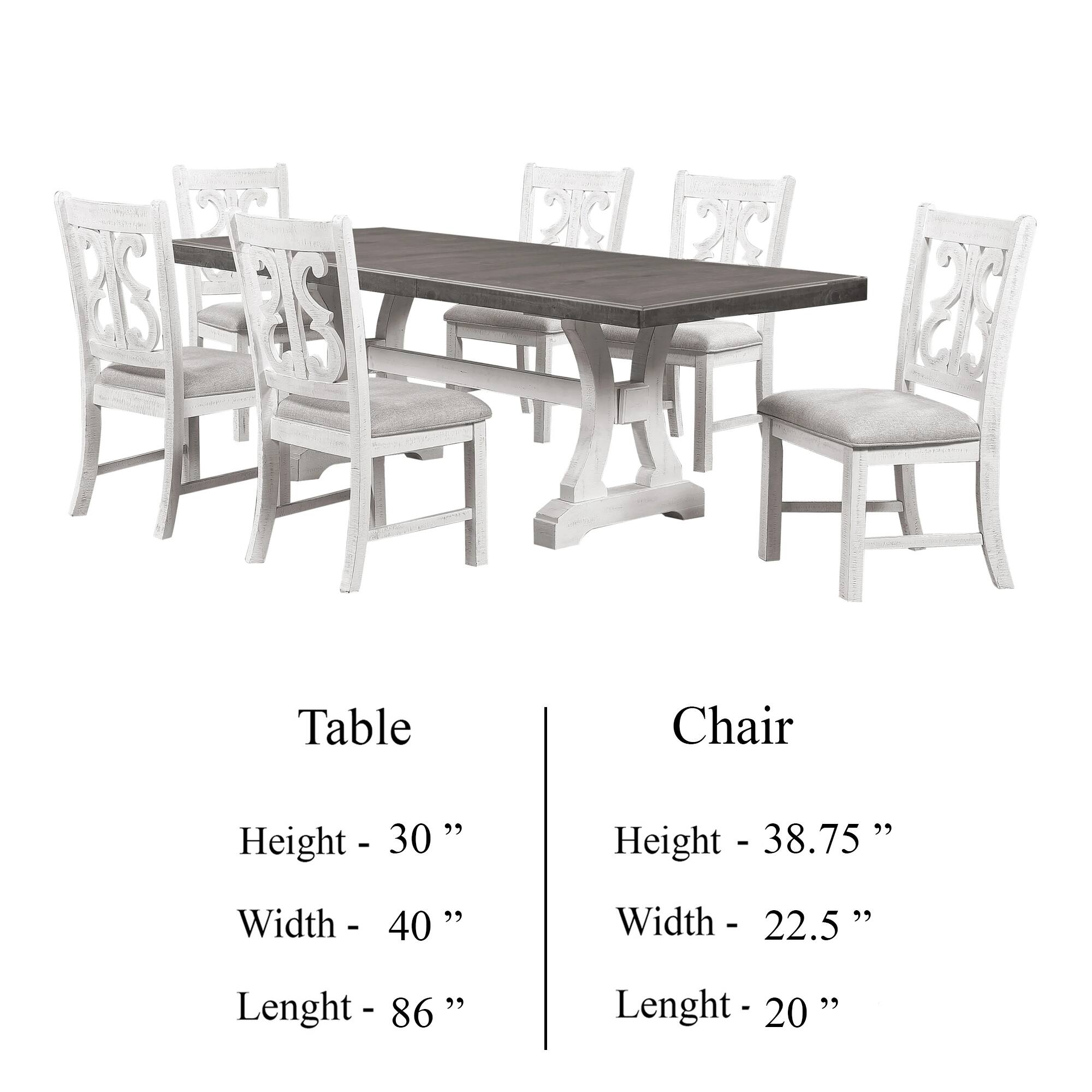 Table  
Height - 30 "  
Width - 40 "  
Lenght - 86 "  

Chair  
Height - 38.75 "  
Width - 22.5 "  
Lenght - 20 "