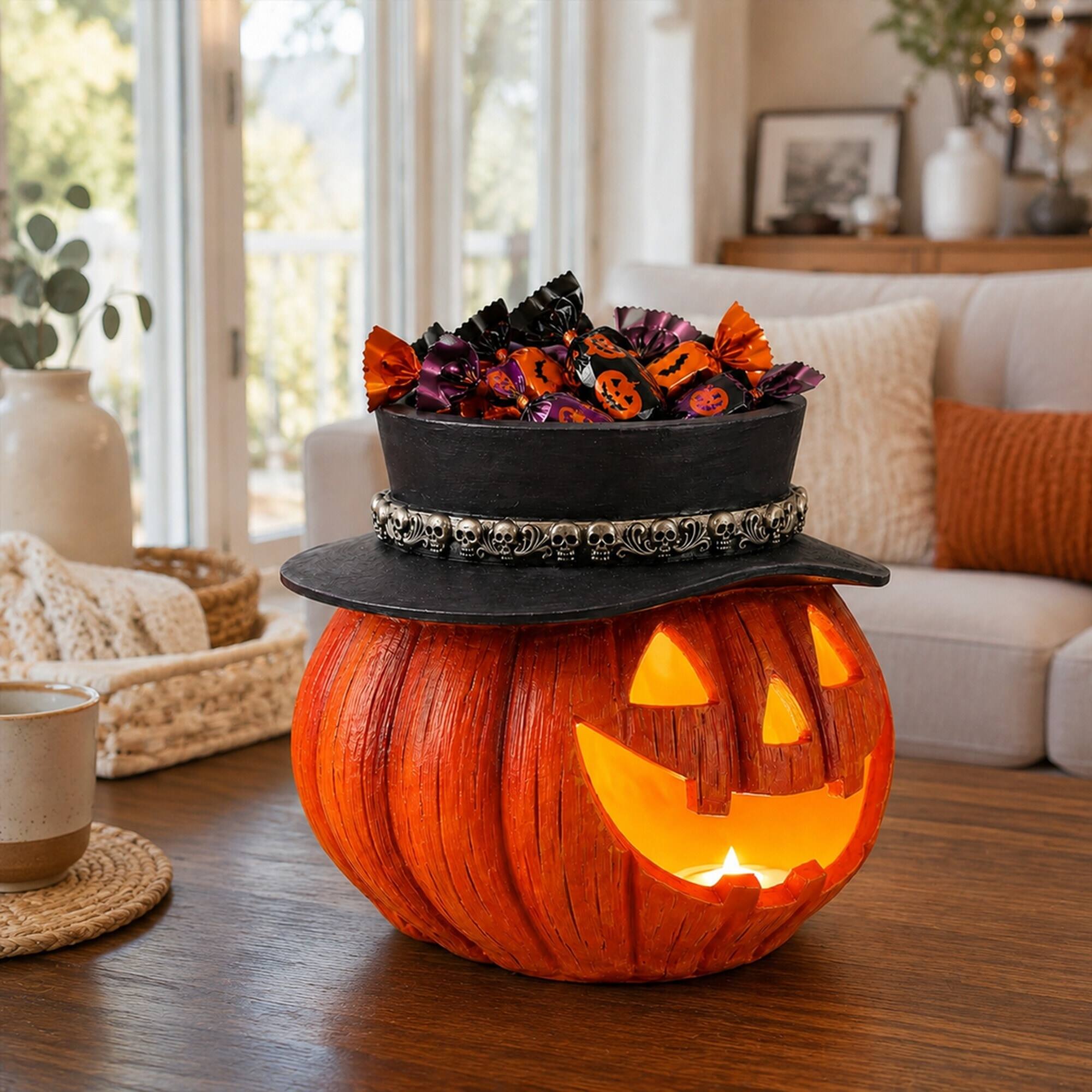 Back. RYHNUYNE - Halloween Pumpkin Candy Bowl with Witch Hat, Light Up Jack O Lantern Tabletop Storage for Spooky Home Party Decor - Yellow.