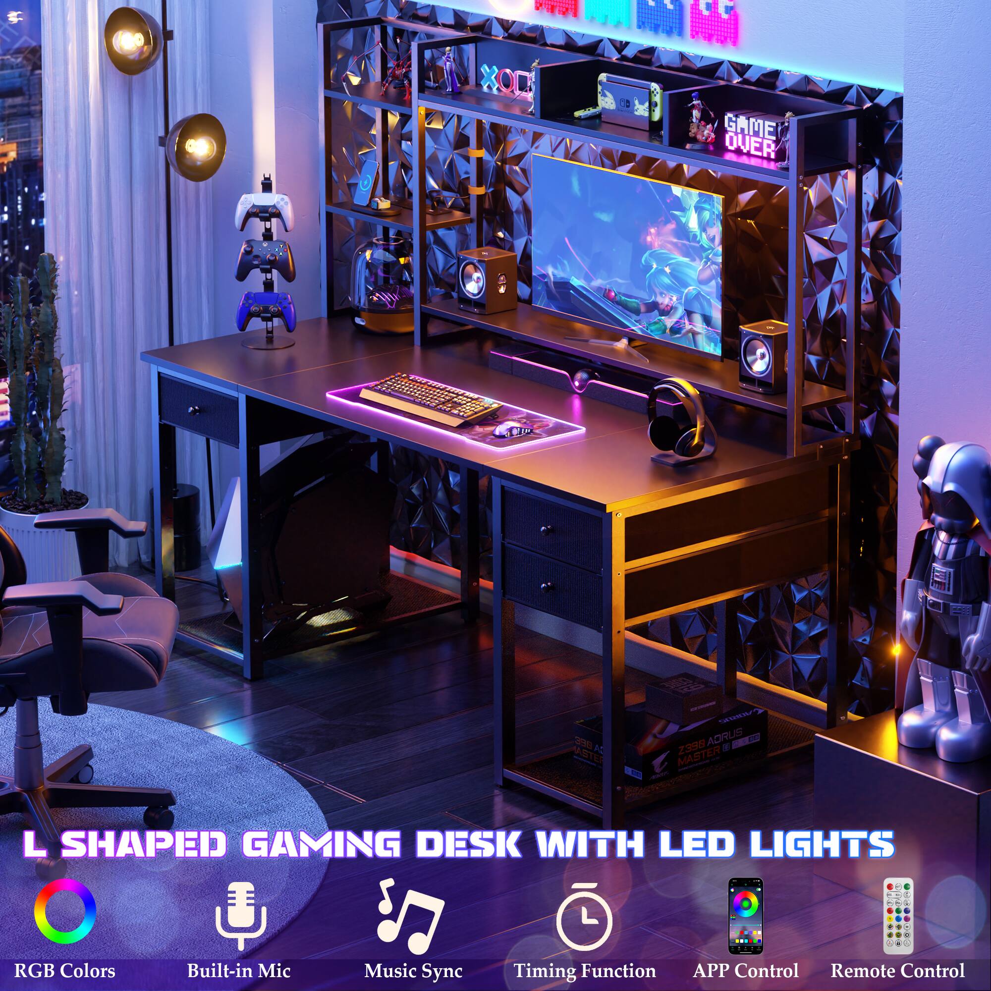 L SHAPED GAMING DESK WITH LED LIGHTS

RGB Colors
Built-in Mic
Music Sync
Timing Function
APP Control
Remote Control