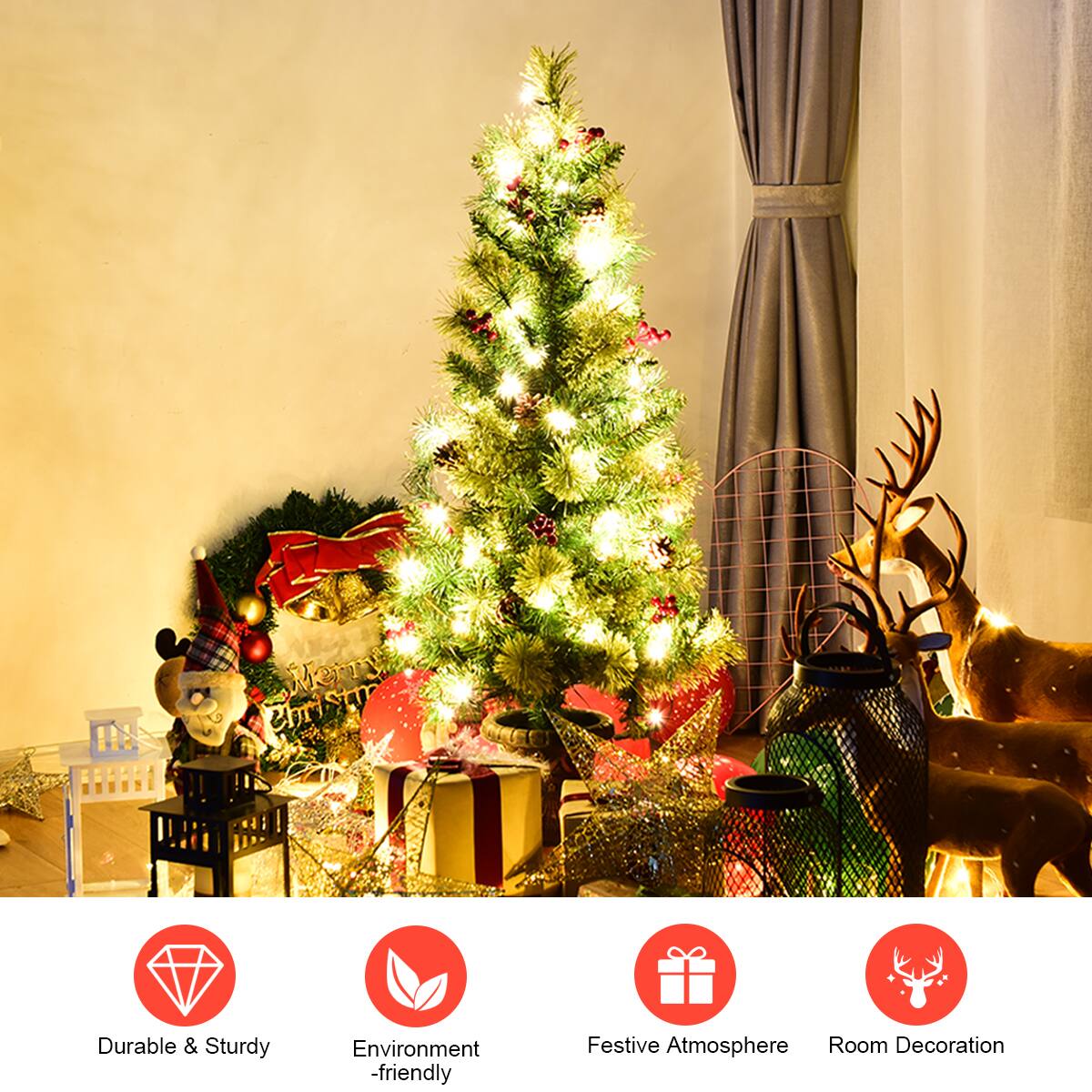 The text on the image is grouped as follows:

1. Durable & Sturdy
2. Environment -friendly
3. Festive Atmosphere
4. Room Decoration