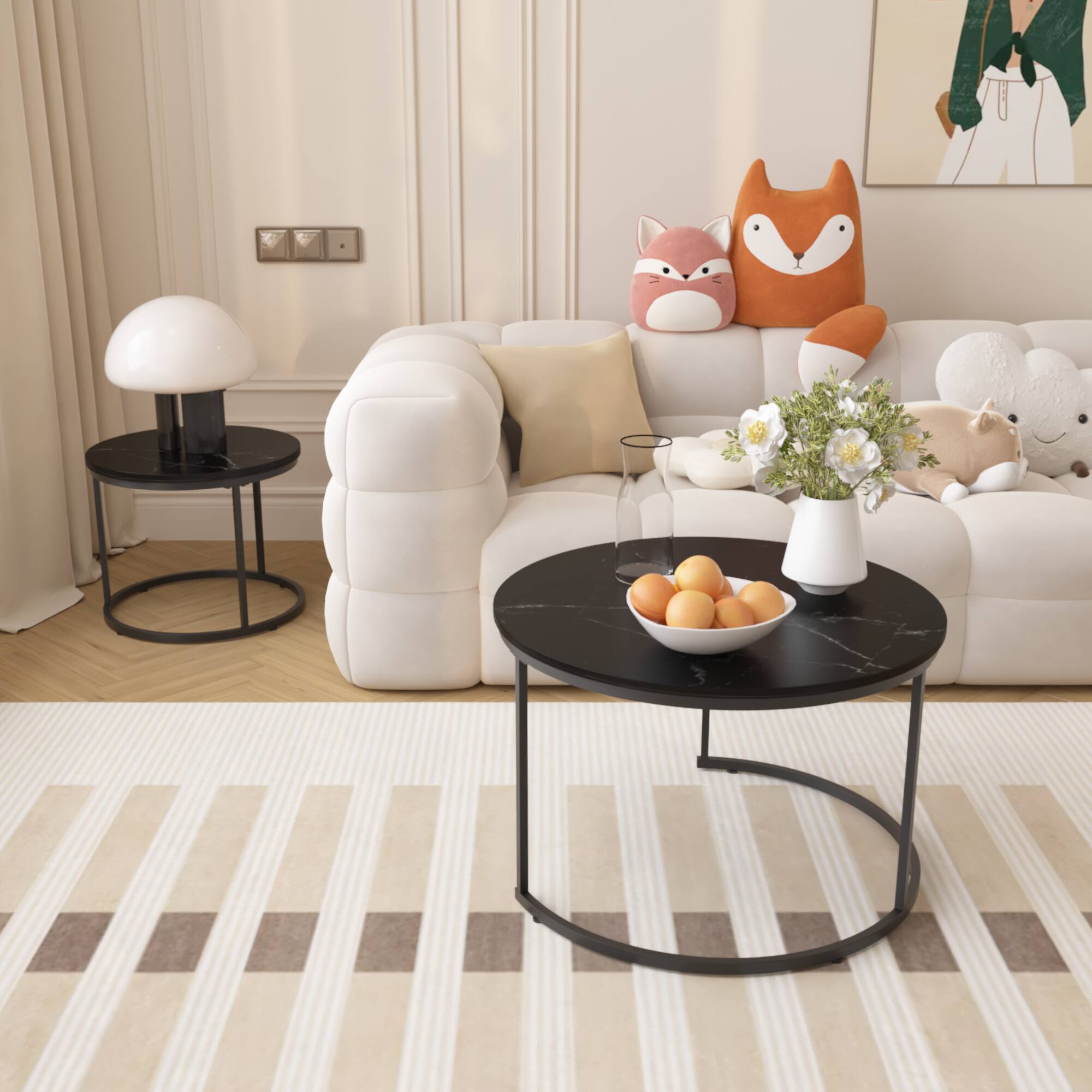 Left. Z-Edge - Modern Coffee Table, Nesting Round Table Set of 2, Side Table with Sturdy Metal Frame for Living Room Bedroom Apartment - Black.