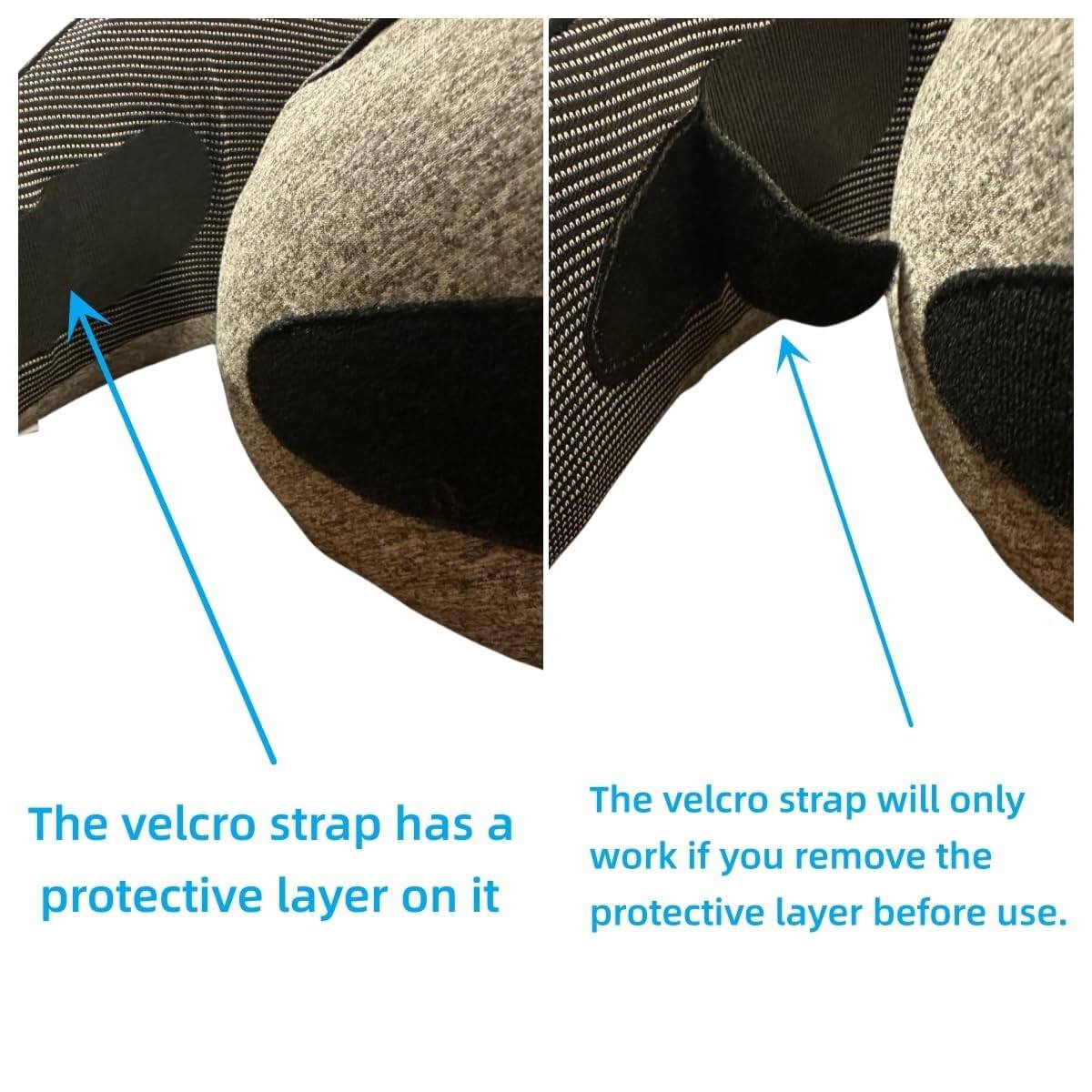 The velcro strap has a protective layer on it.

The velcro strap will only work if you remove the protective layer before use.