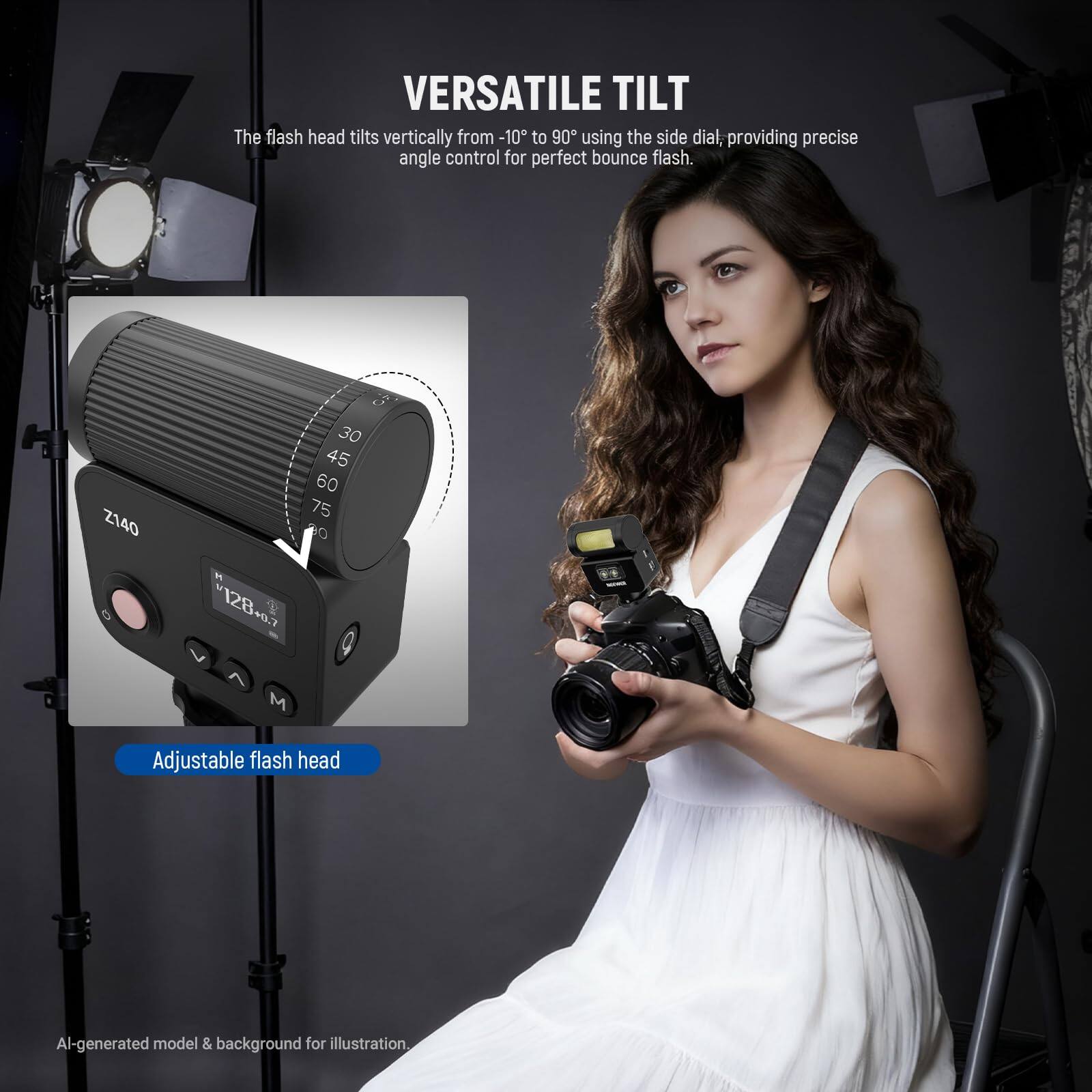 VERSATILE TILT  
The flash head tilts vertically from -10° to 90° using the side dial, providing precise angle control for perfect bounce flash.  

Z140  
30 45 60 75 00 128+0.7 M  

Adjustable flash head  

AI-generated model & background for illustration