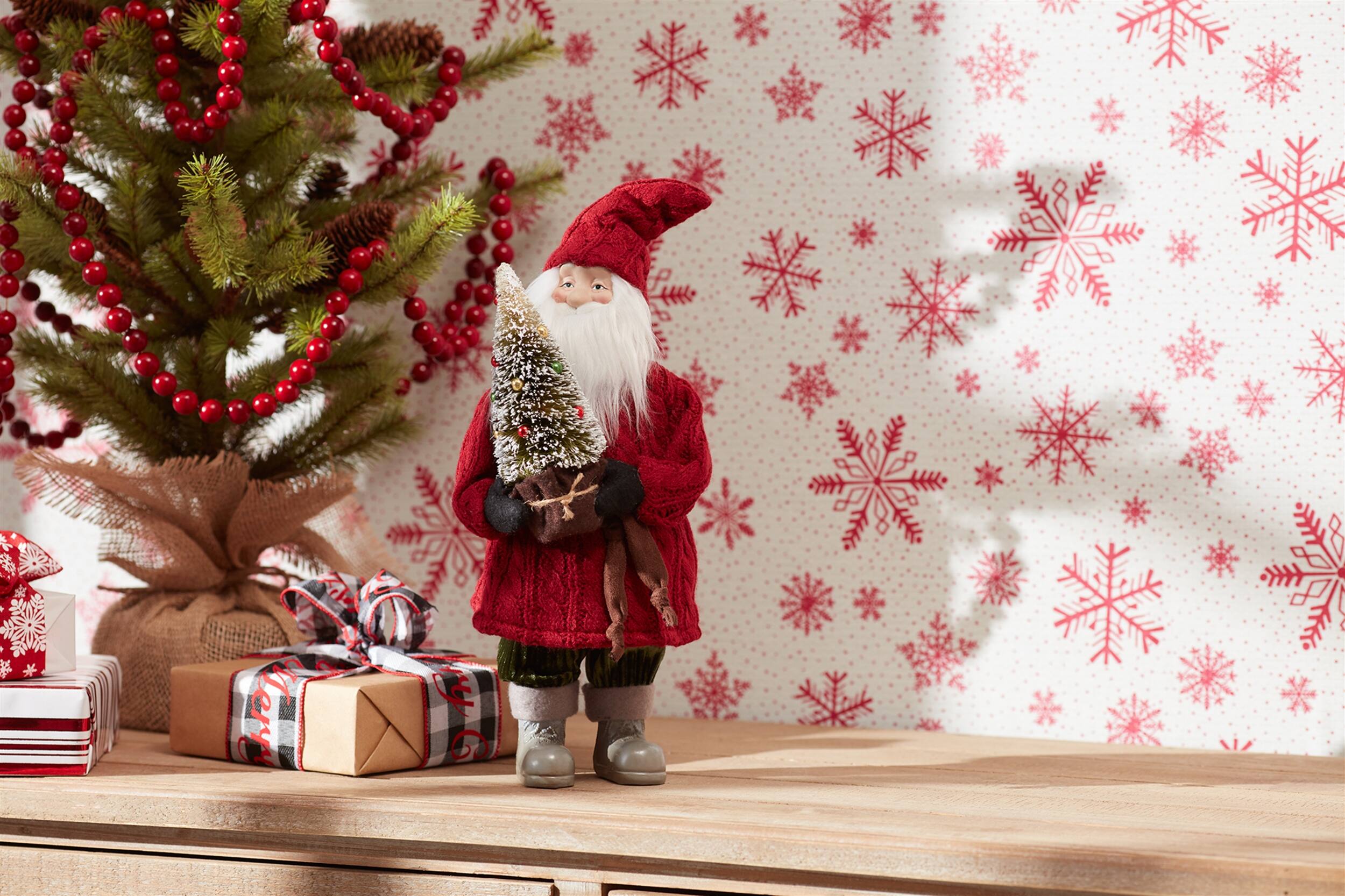 Angle. BreeBe - Standing Santa Decor 15"H - Red, Brown, Green.