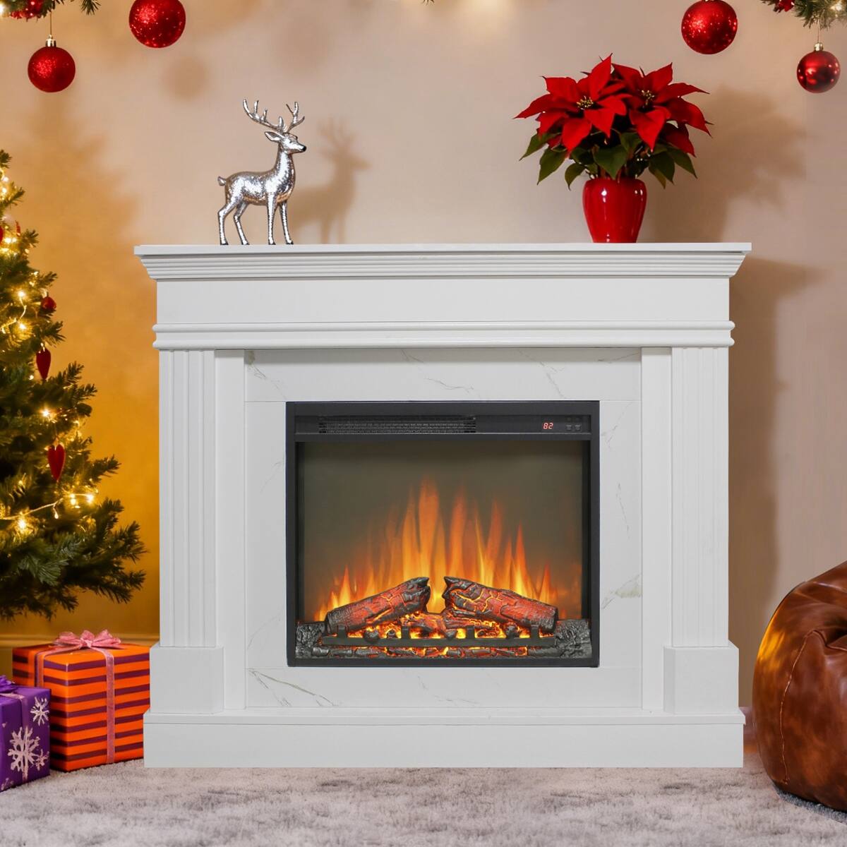 Alt View 4. Loheer - Loheer 44 inch electric fireplace with mantel, 23 inch fireplace insert heater, Jasmine White - White.