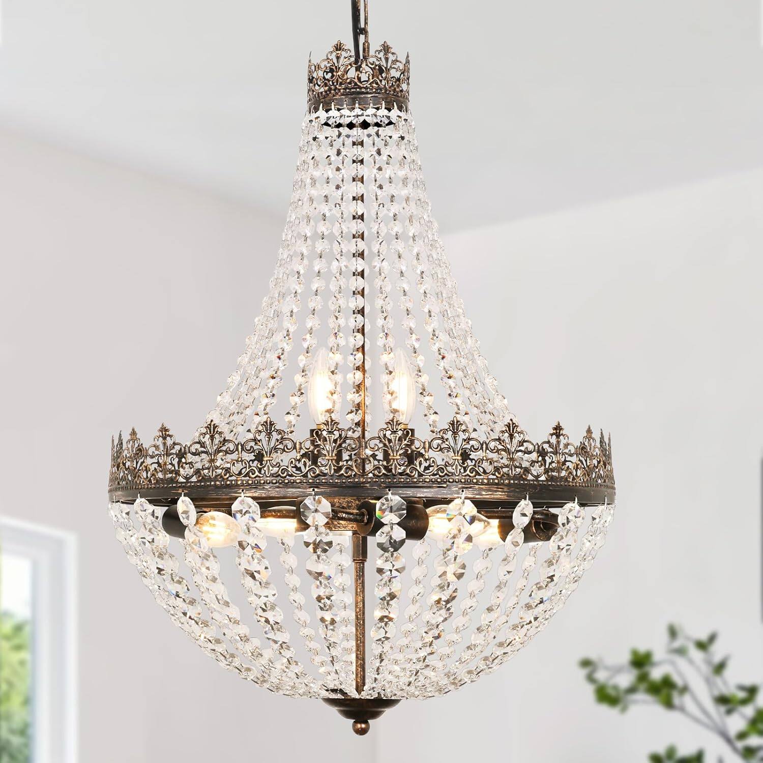 Front. Nordic Hygge - Crystal Chandelier for Dining Room, 18.5" Antique French 6-Light Bedroom Chandelier - Bronze.