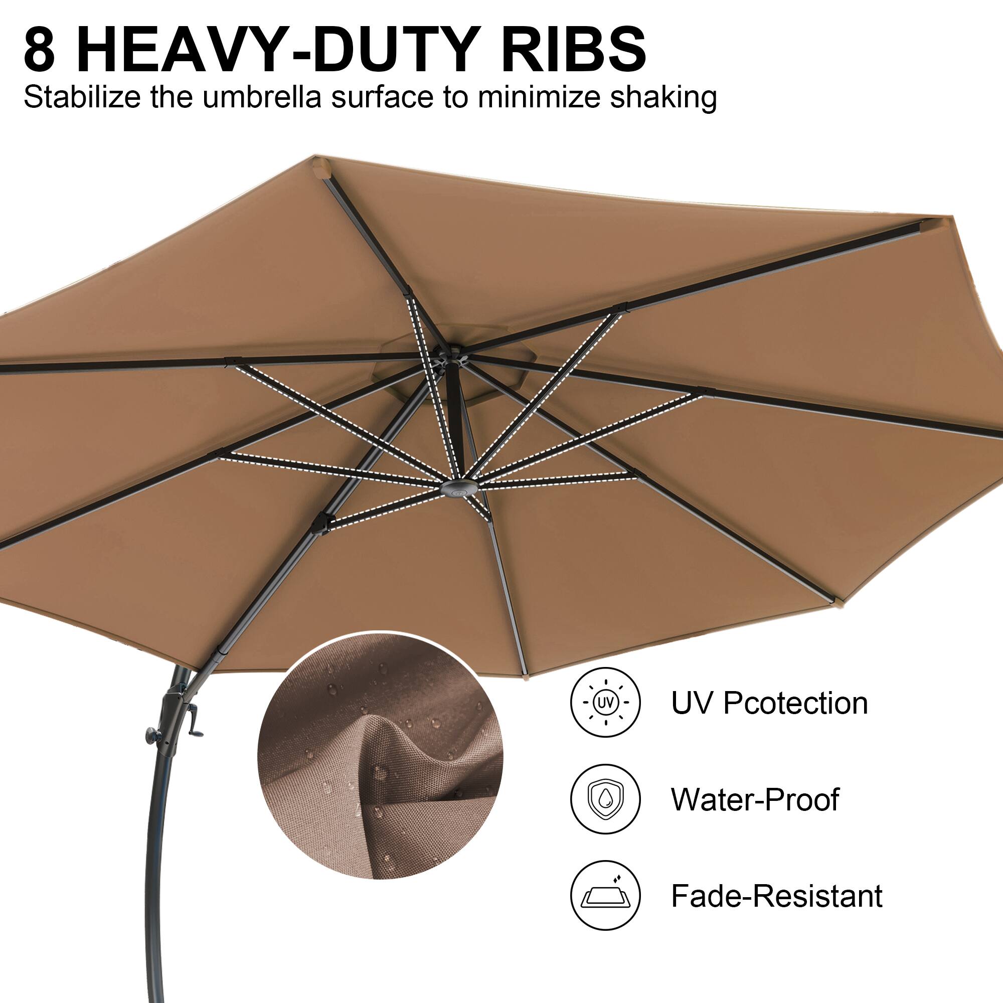 8 HEAVY-DUTY RIBS  
Stabilize the umbrella surface to minimize shaking  

- UV Protection  
- Water-Proof  
- Fade-Resistant