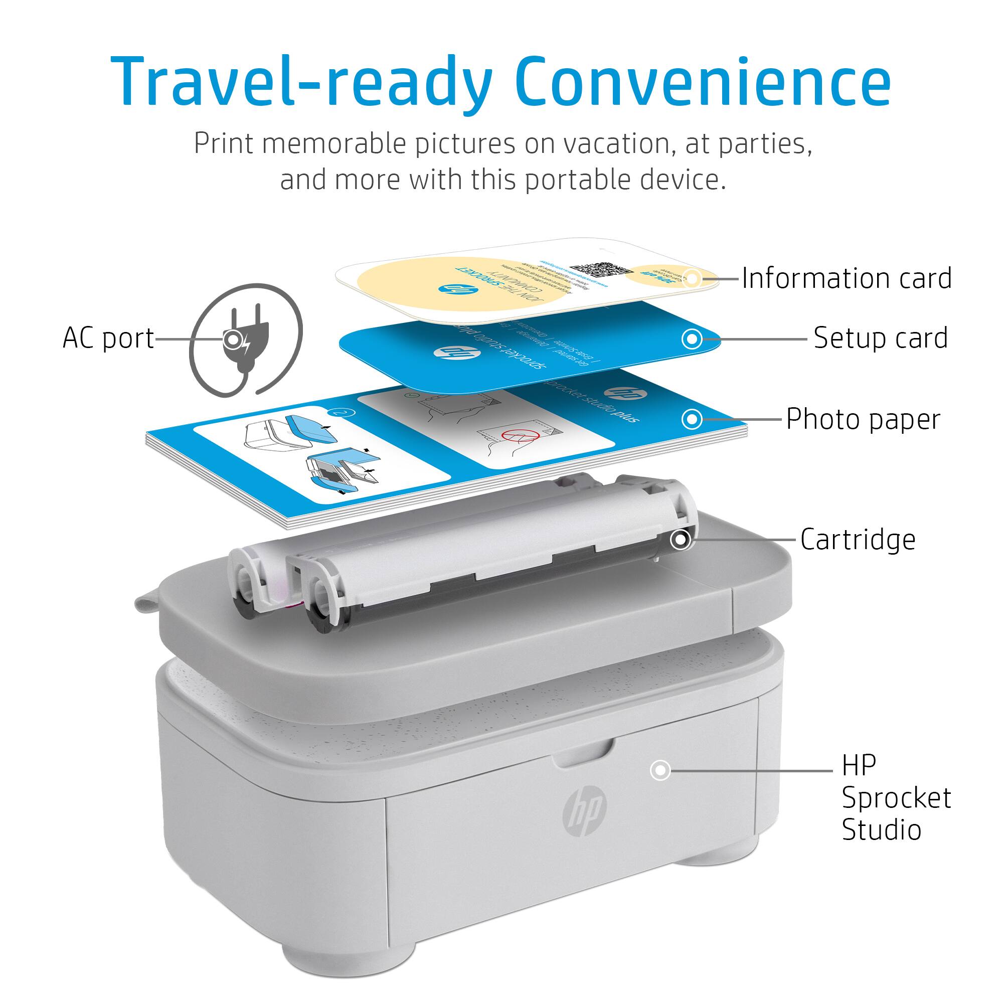 Travel-ready Convenience  
Print memorable pictures on vacation, at parties, and more with this portable device.  

- AC port  
- Information card  
- Setup card  
- Photo paper  
- Cartridge  
- HP Sprocket Studio