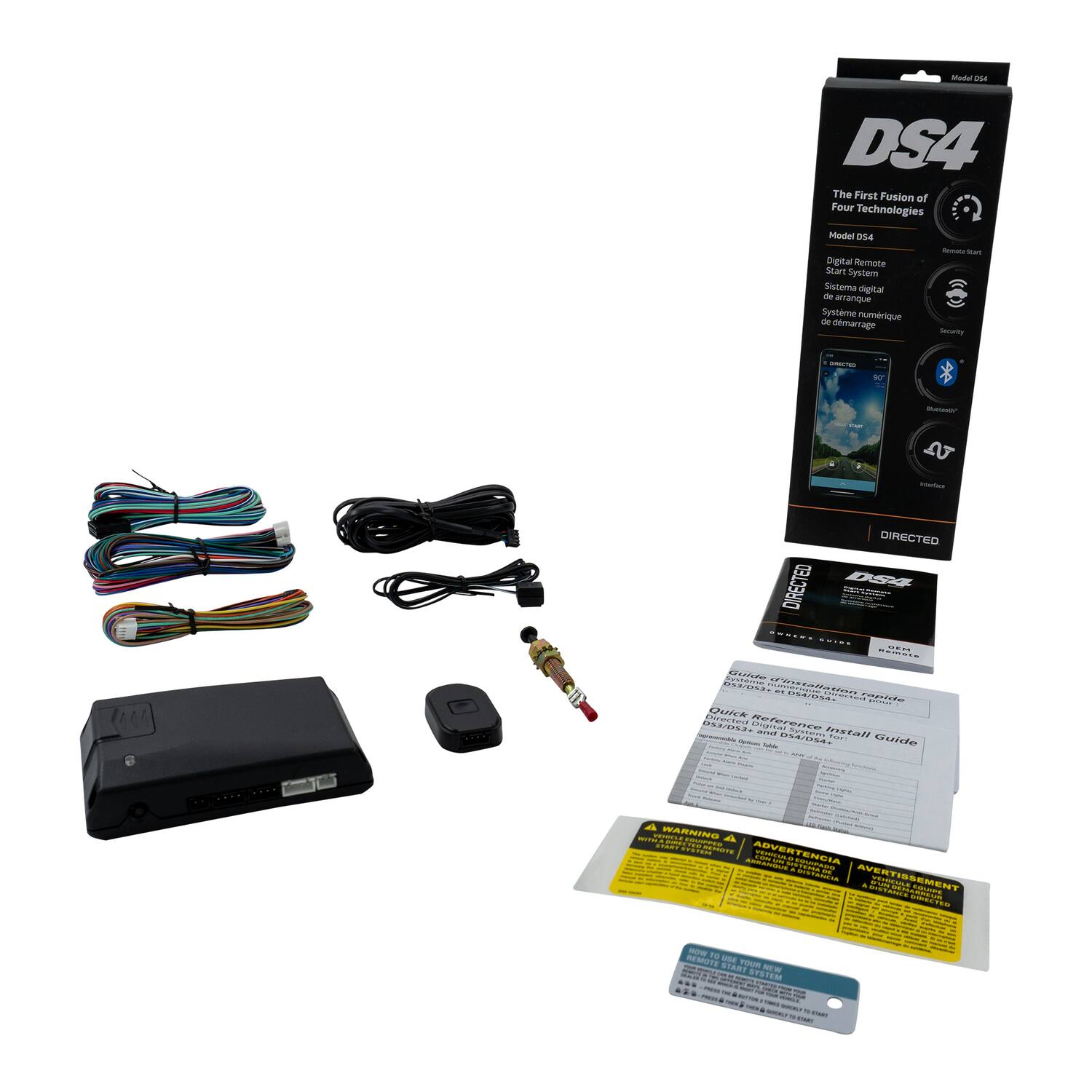 Mude asa DS4  
The First Fusion of Four Technologies  
Model DS4  

Digital Remote Start System  
Sistema digital de arranque  
Système numérique de démarrage  

Security  
Sécurité  

DIRECTED  

Quick Reference Install Guide  
DS4: Quick Reference Install Guide  

AVERTISSEMENT  
ADVERTENCIA  
WARNING