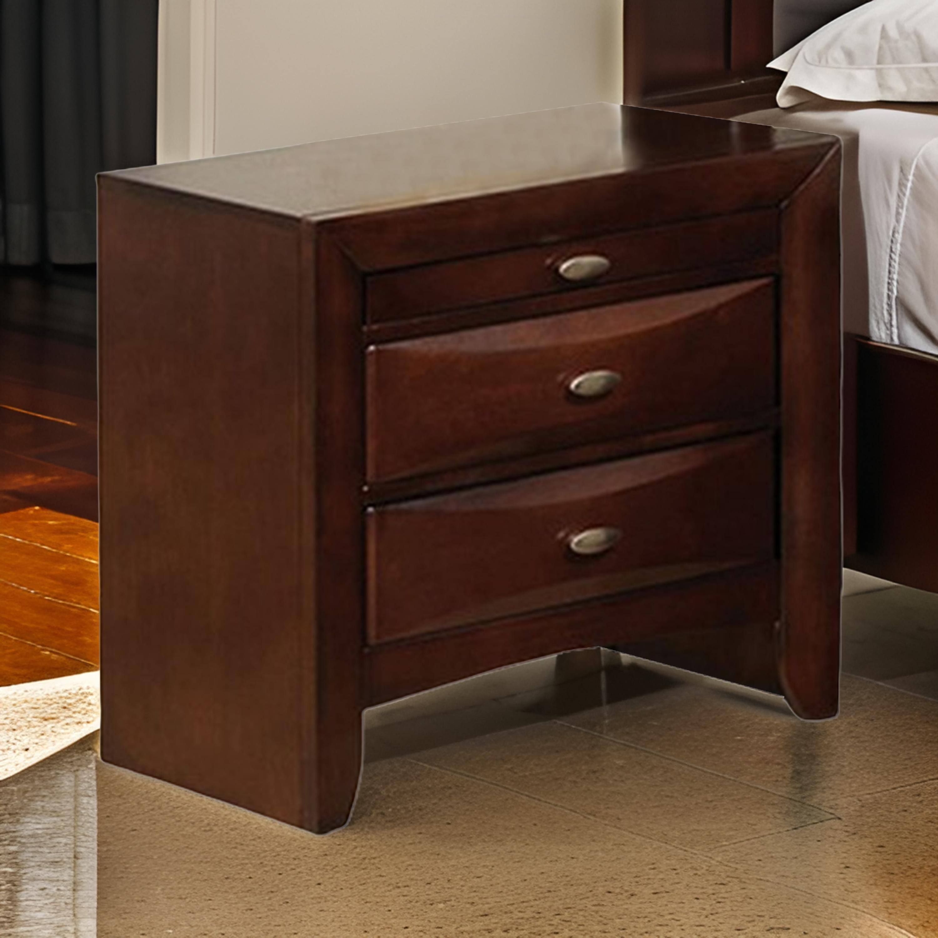 Alt View 5. Manhattan Lane - Simo Nightstand, Spacious Top, Nickel, 3 Drawers, Solid Wood - Cherry Brown, Nickel.