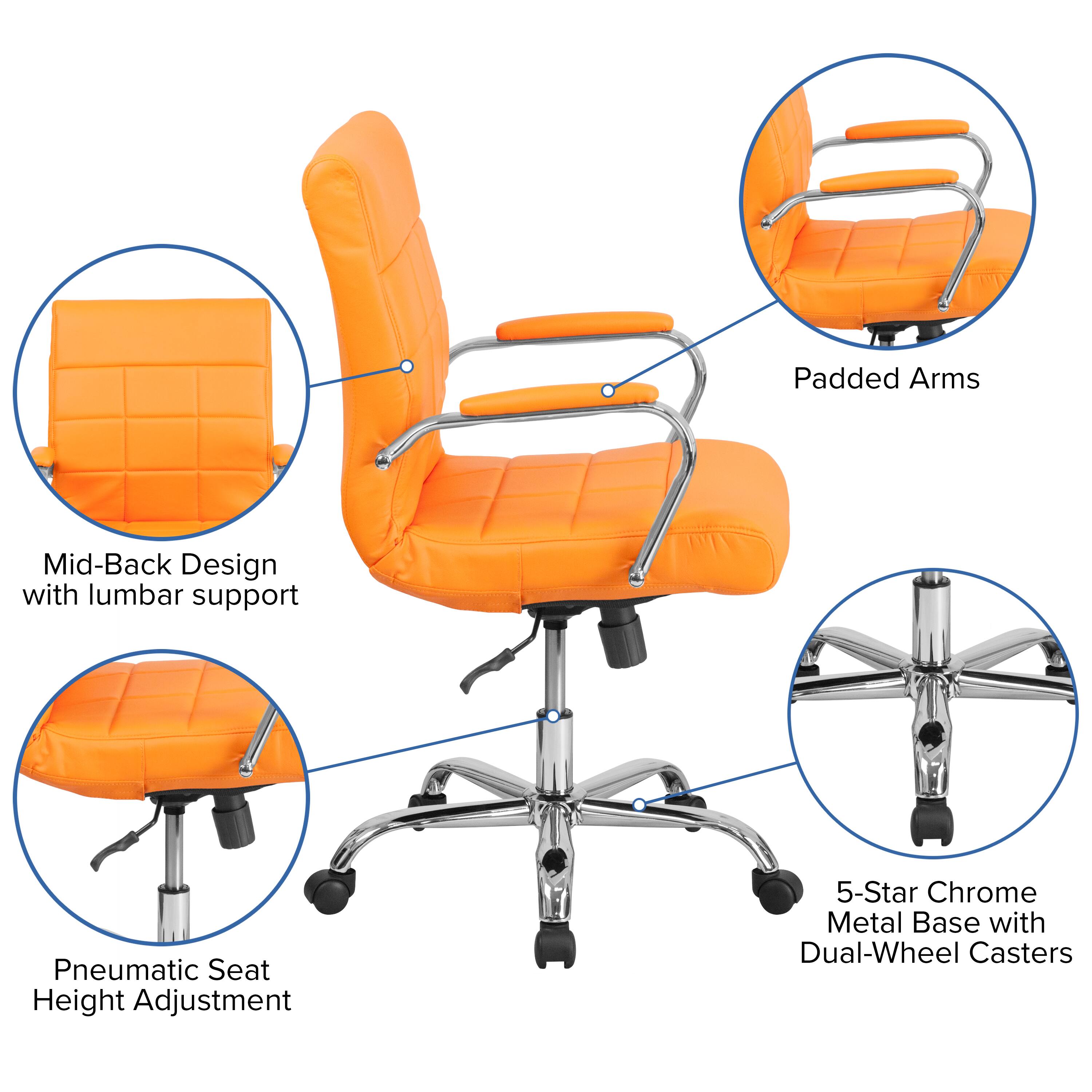 Padded Arms  
Mid-Back Design with lumbar support  
Pneumatic Seat Height Adjustment  
5-Star Chrome Metal Base with Dual-Wheel Casters