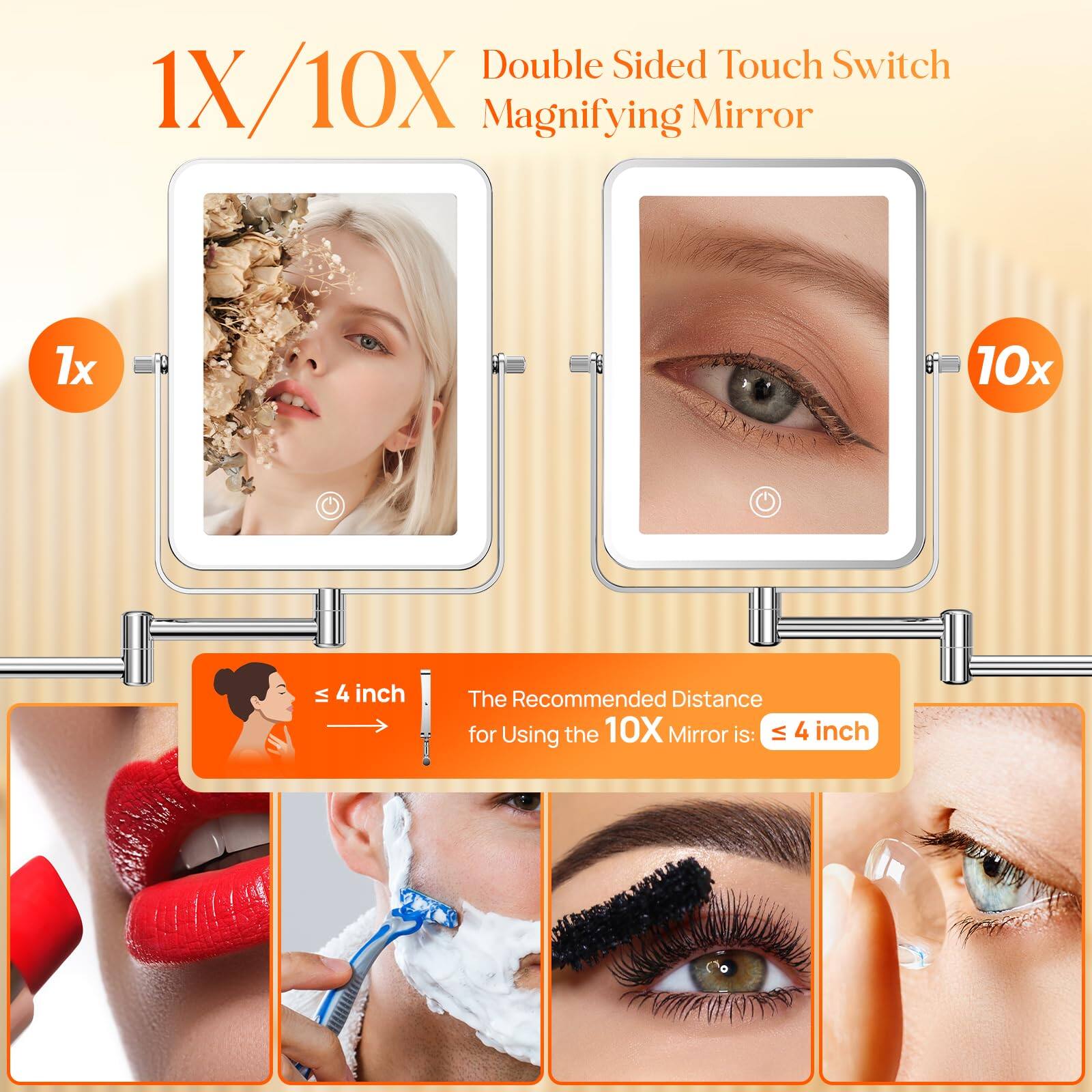 1X/10X Double Sided Touch Switch Magnifying Mirror

1x

10x

The Recommended Distance for Using the 10X Mirror is: ≤ 4 inch