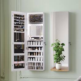 Malletson - 47" x 14.5" Mirrored Jewelry Cabinet with 3-Color LED Lights, Wall/Door Mount Lockable Jewelry Storage Armoire - White