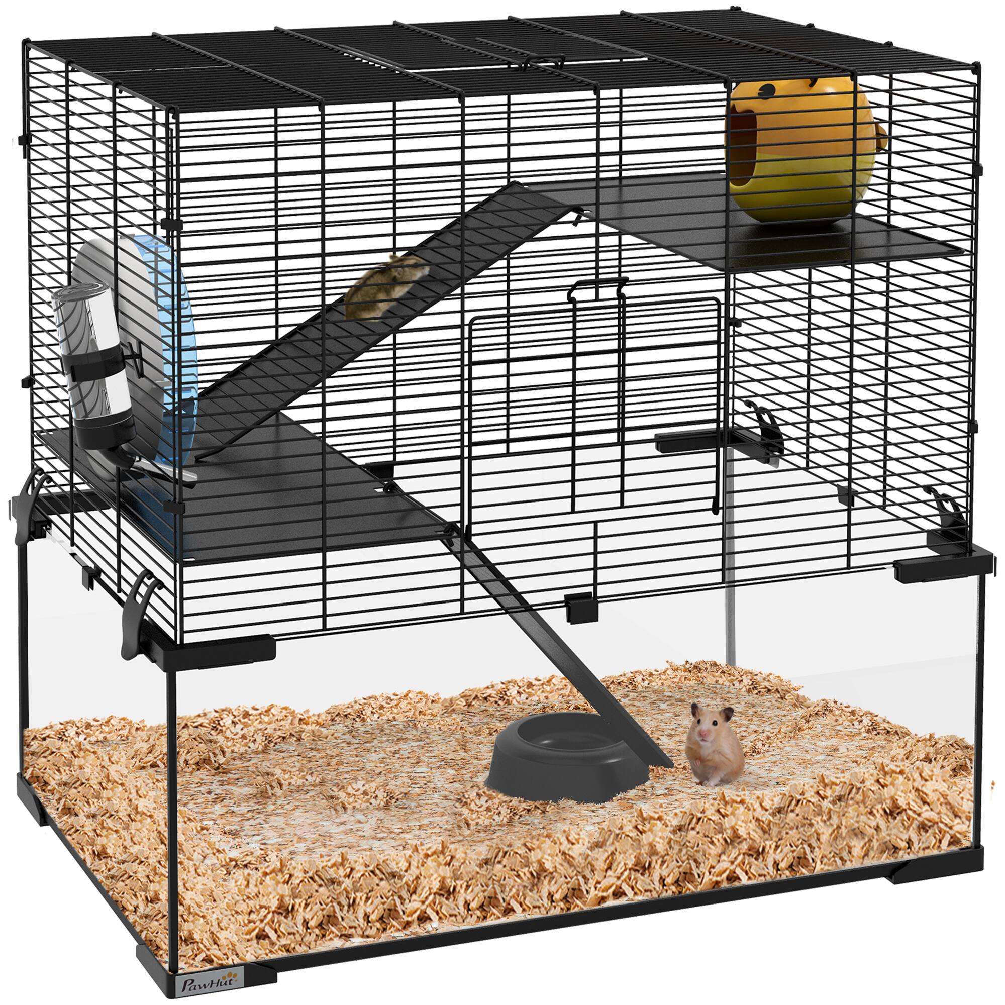 Front. Pawhut - Large Hamster Cage with Deep Tempered Glass Bottom, Running Wheel, Water Bottle, Dish, Syrian, Dwarf, Gerbils.