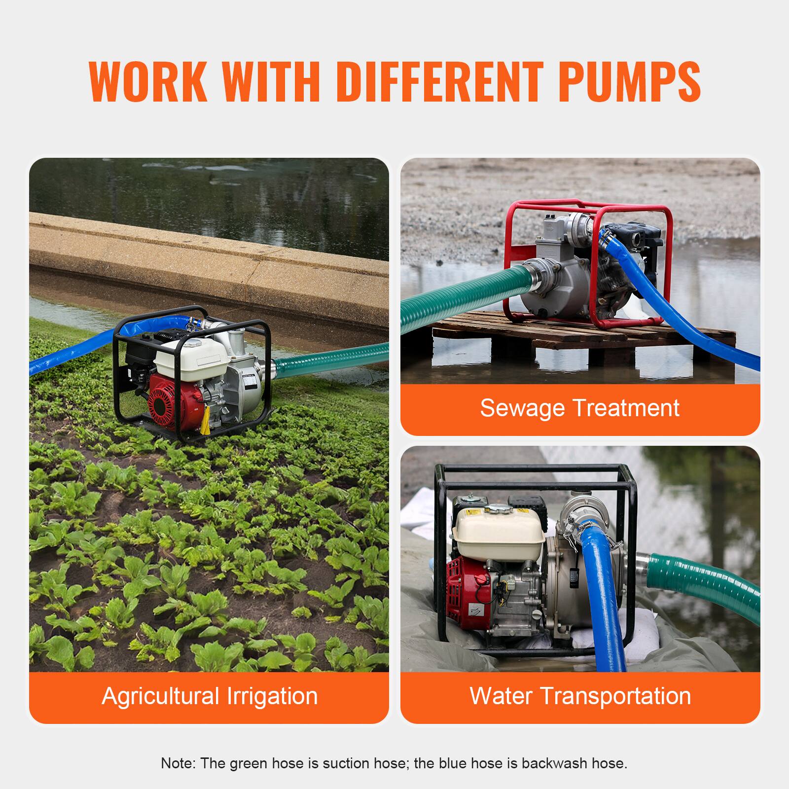 WORK WITH DIFFERENT PUMPS

Sewage Treatment

Agricultural Irrigation

Water Transportation

Note: The green hose is suction hose; the blue hose is backwash hose.