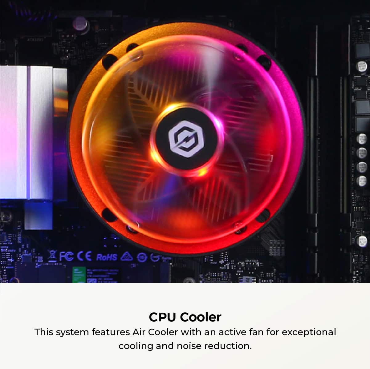 The image features a CPU Cooler with an active fan for exceptional cooling and noise reduction. This system is designed to provide efficient cooling and maintain optimal performance.