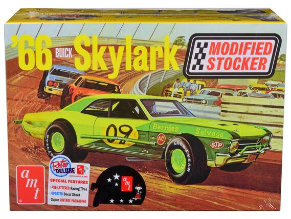 Sure, here is the corrected and grouped text from the image:
---
**'66 BUICK Skylark**
**MODIFIED STOCKER**
**SPECIAL FEATURES**
- PRE-LETTERED Racing Tires
- UPDATED Decal Sheet
- Super VINTAGE PACKAGING
**Retro DELUXE**
**a m t**
**Only from the KATS at AMT**
**Bernies AC Salvage**
**STP**
**09**
**GOOD YEAR**
**a m t**
---
This text is organized to reflect the information and branding present on the box.