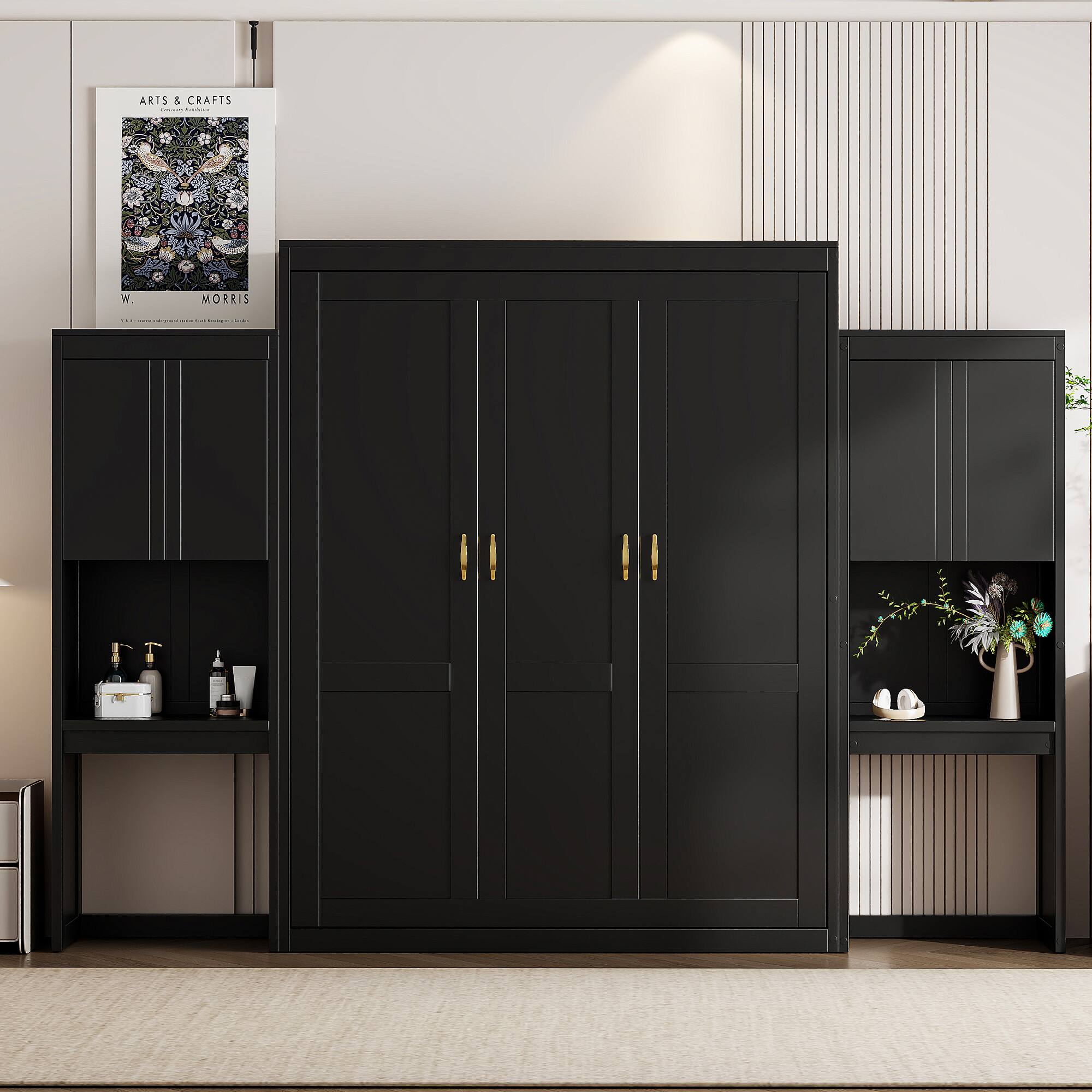 Tiramisubest - Queen Size Murphy Bed with Desk, Vanity, Cabinets, Espresso Wood - Espresso