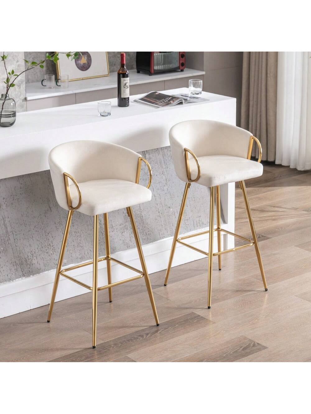 Alt View 6. Trinkets Crazed - 26" Velvet Counter Stools Set Of 2, Luxury Bar Chair With Low Back and Gold Legs For Kitchen Island - Beige.