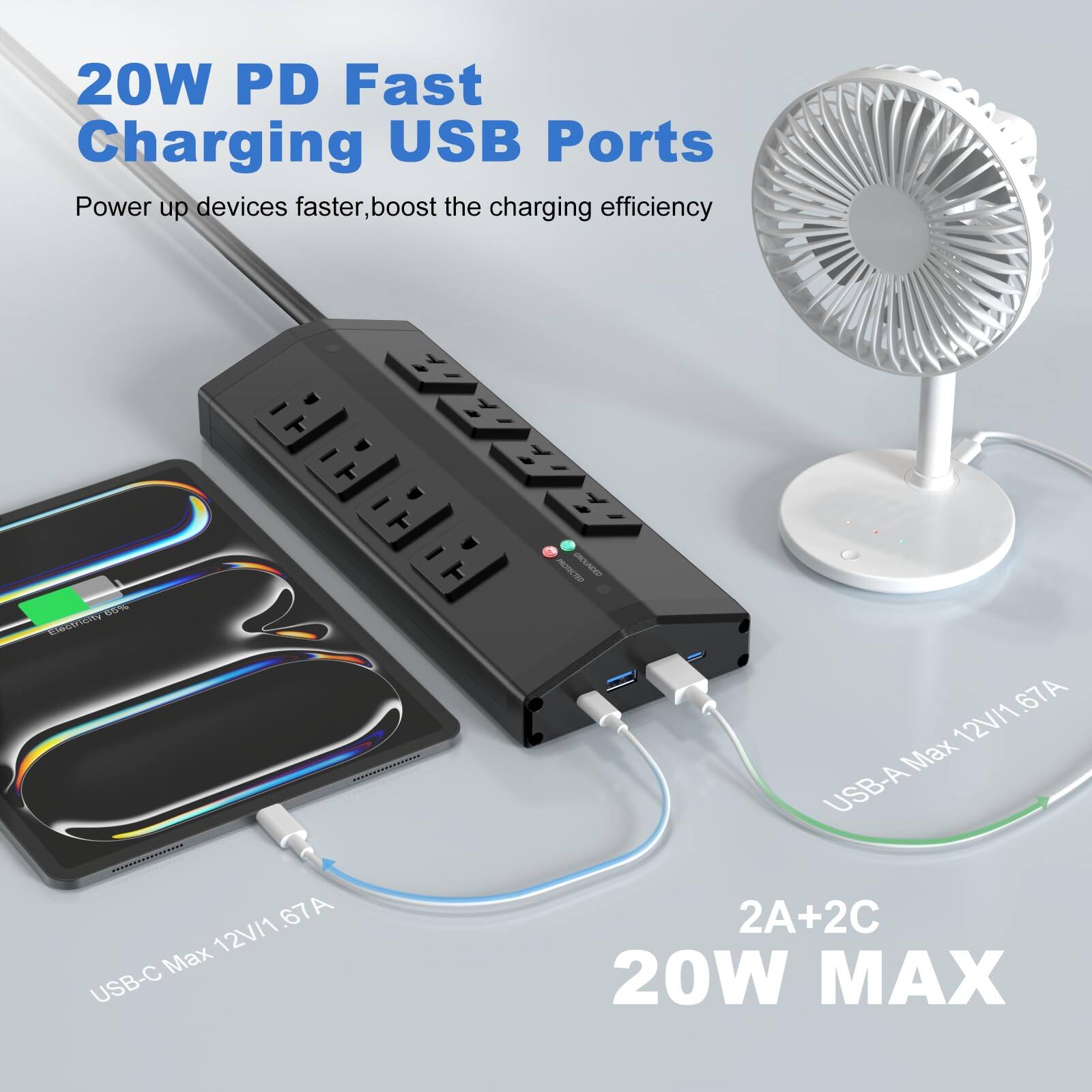 20W PD Fast Charging USB Ports  
Power up devices faster, boost the charging efficiency  

AON N M BOUR 1G 0 67A 12V/1 A Max USB-A  
67A A 12V/1 Max USB-C 2A+2C 20W MAX  

USB-A Max 12V/1.67A  
USB-C Max 12V/1.67A  

2A+2C  
20W MAX