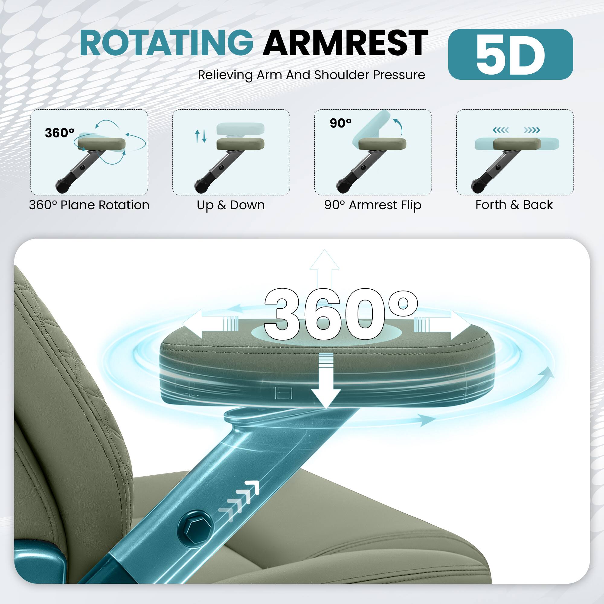 ROTATING ARMREST  
5D  
Relieving Arm And Shoulder Pressure  

- 360° Plane Rotation  
- Up & Down  
- 90° Armrest Flip  
- Forth & Back  
- 360°