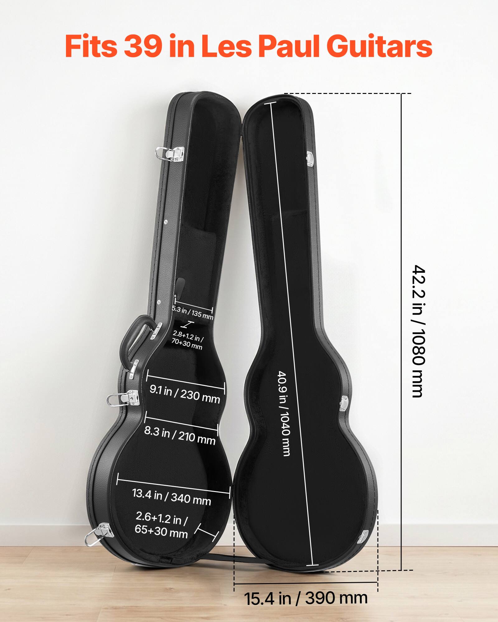 Fits 39 in Les Paul Guitars

5.3 in / 135 mm
2.8+1.2 in / 70+30 mm
9.1 in / 230 mm
8.3 in / 210 mm
40.9 in / 1040 mm
42.2 in / 1080 mm
13.4 in / 340 mm
2.6+1.2 in / 65+30 mm
15.4 in / 390 mm