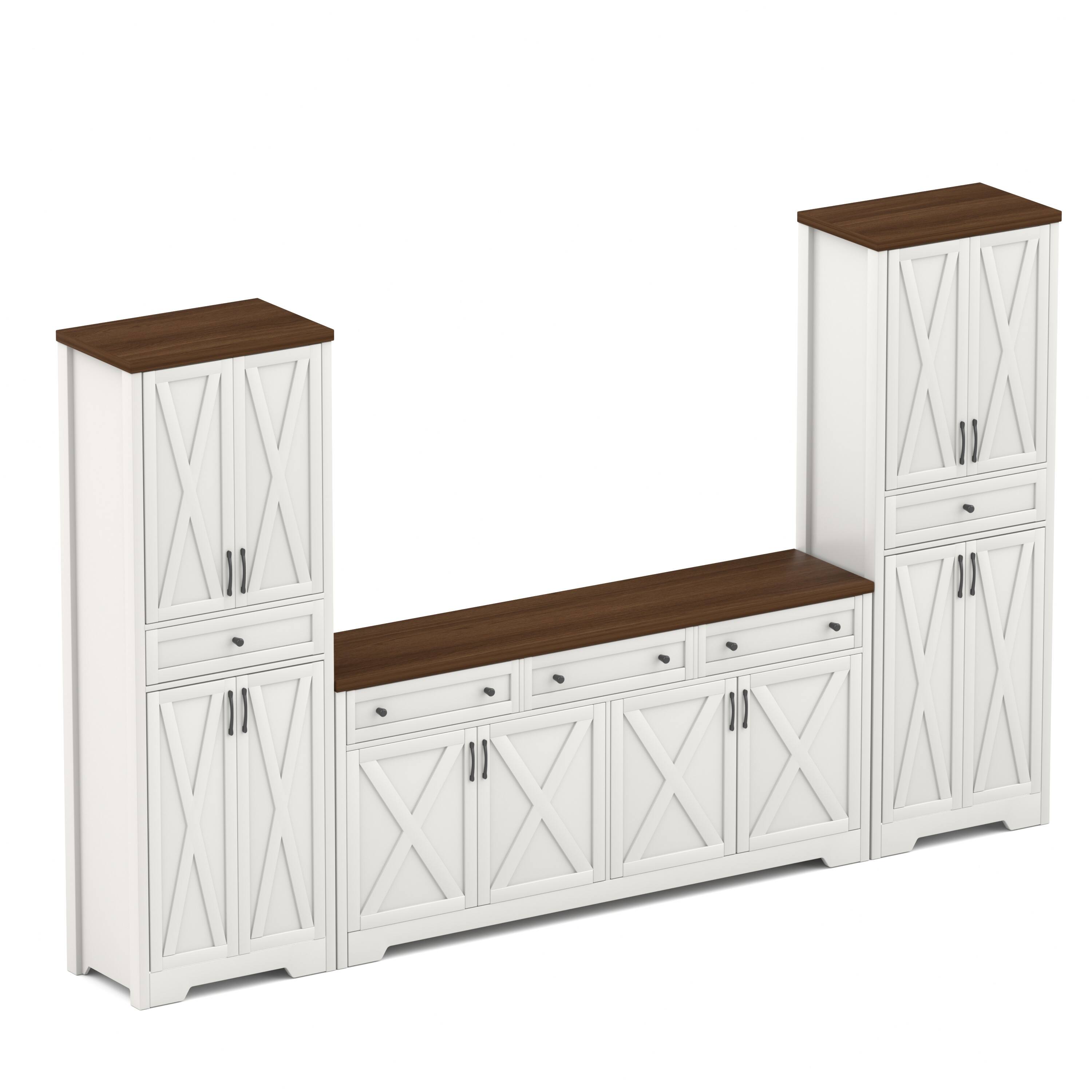 Angle. TinyHomie - TV Cabinet Set Multifunctional TV Wall One TV Cabinet and Two Sideboards for Living Room 113.5in L x 15in W x 68in H - White and Walnut.