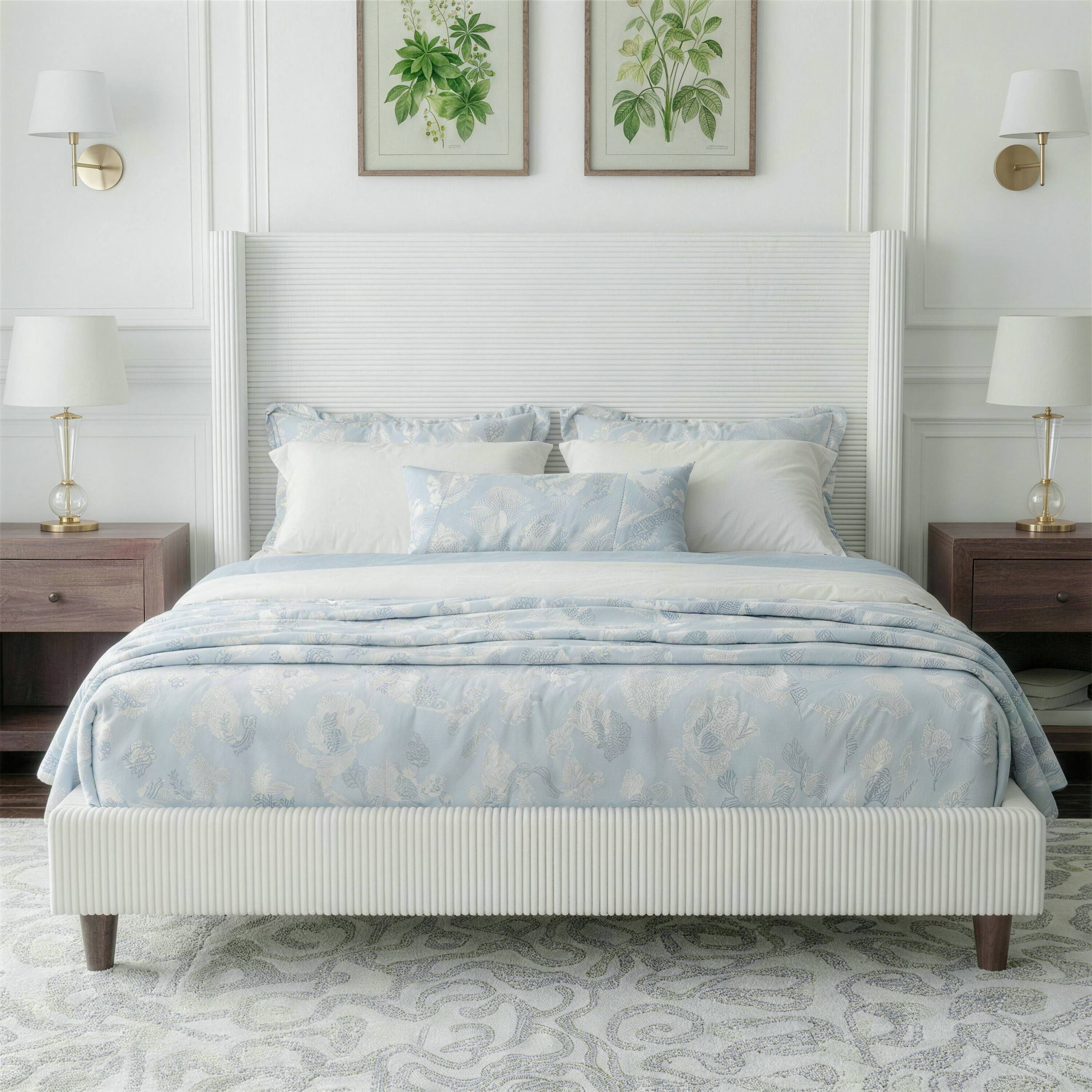 Angle. Dyonery - Queen Bed Frame, Upholstered Platform Bed, Adjustable Vertical Channel Tufted Headboard, Corduroy Fabric. - Beige.