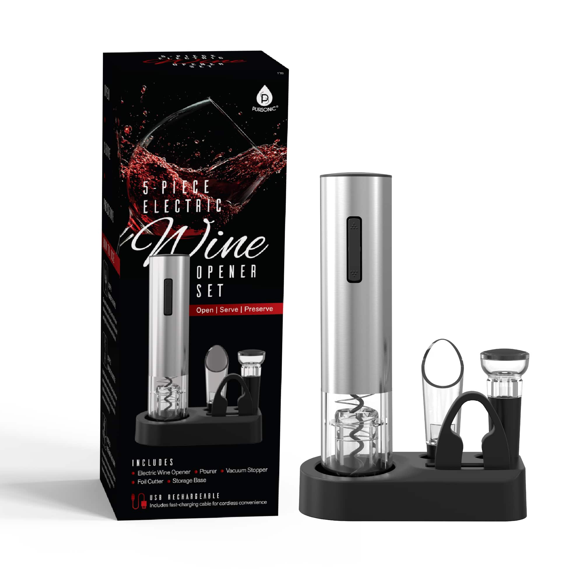 Pursonic - 5-Piece Electric Wine Opener Set - Silver